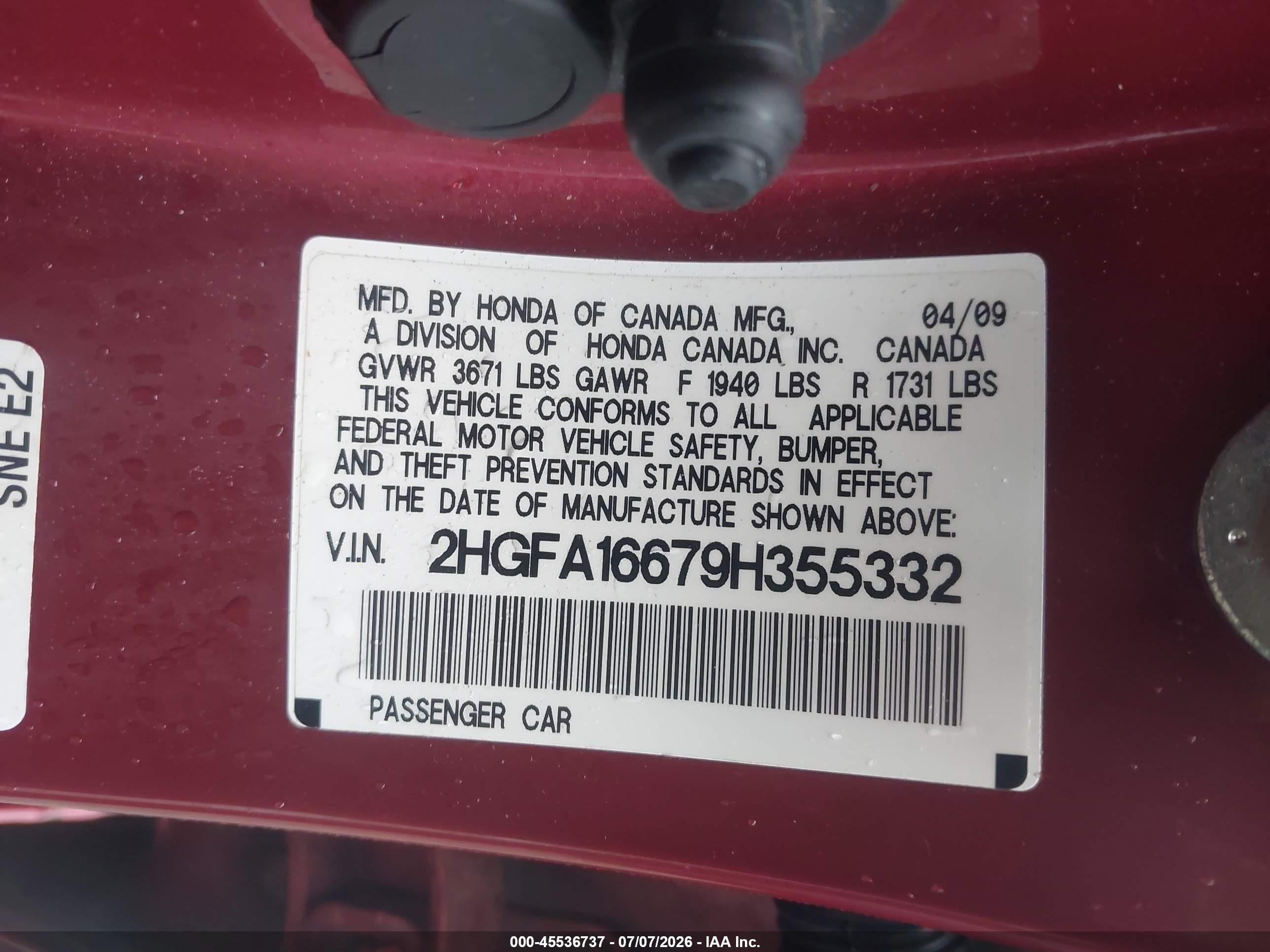 2009 Honda Civic Lx-s Burgundy vin: 2HGFA16679H355332
