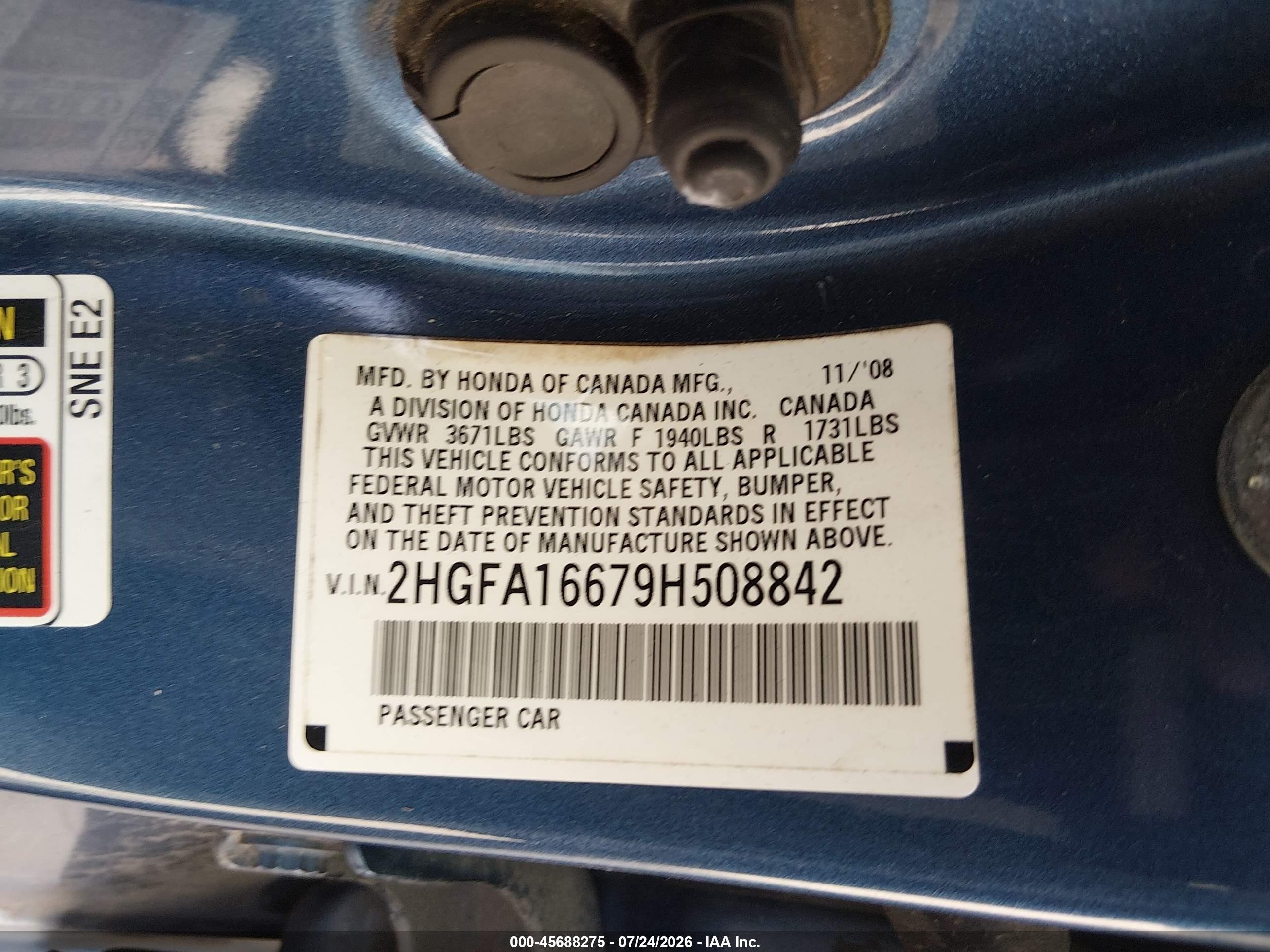 2009 Honda Civic Lx-s Blue vin: 2HGFA16679H508842