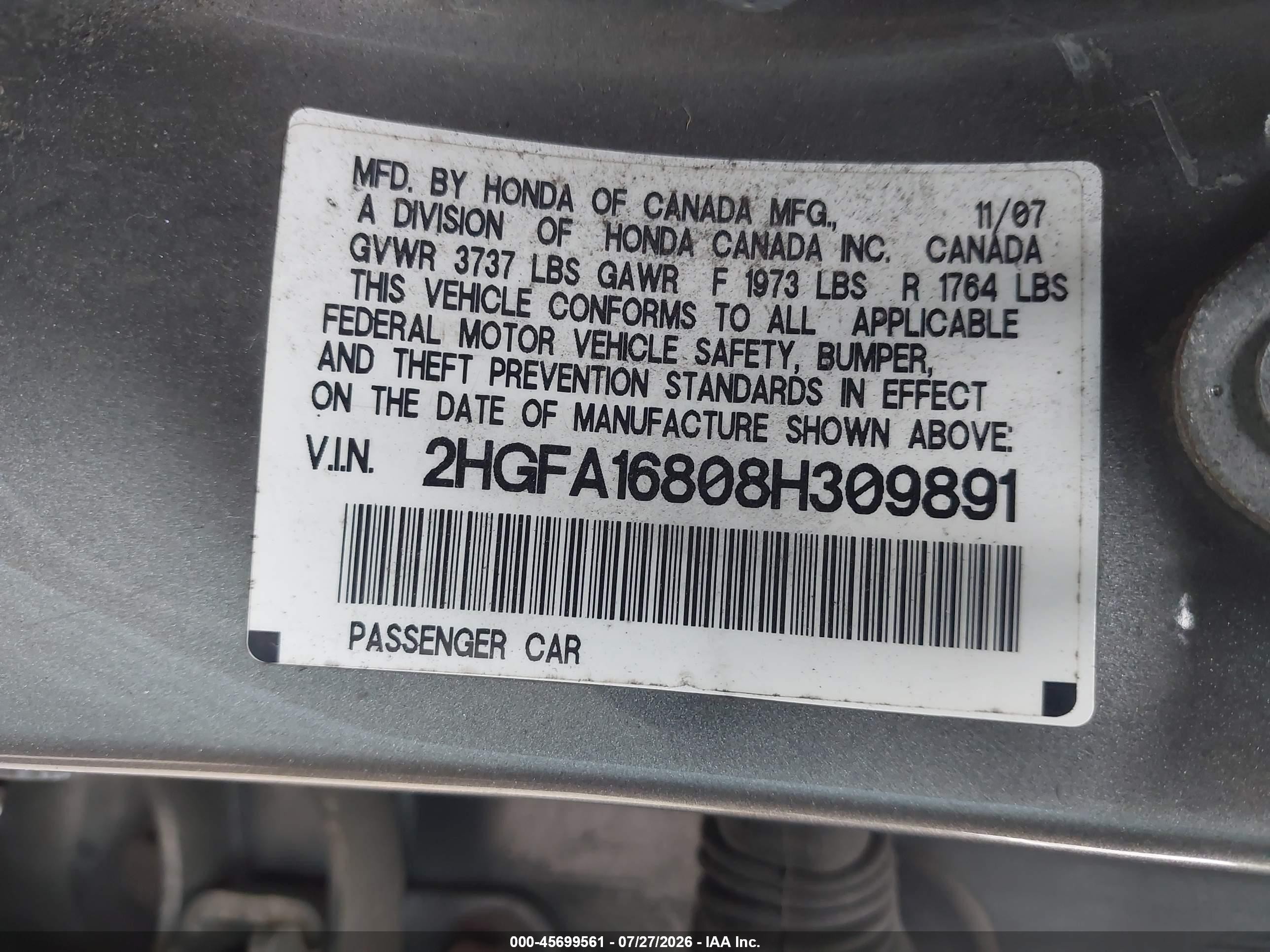 2008 Honda Civic Ex Gray vin: 2HGFA16808H309891