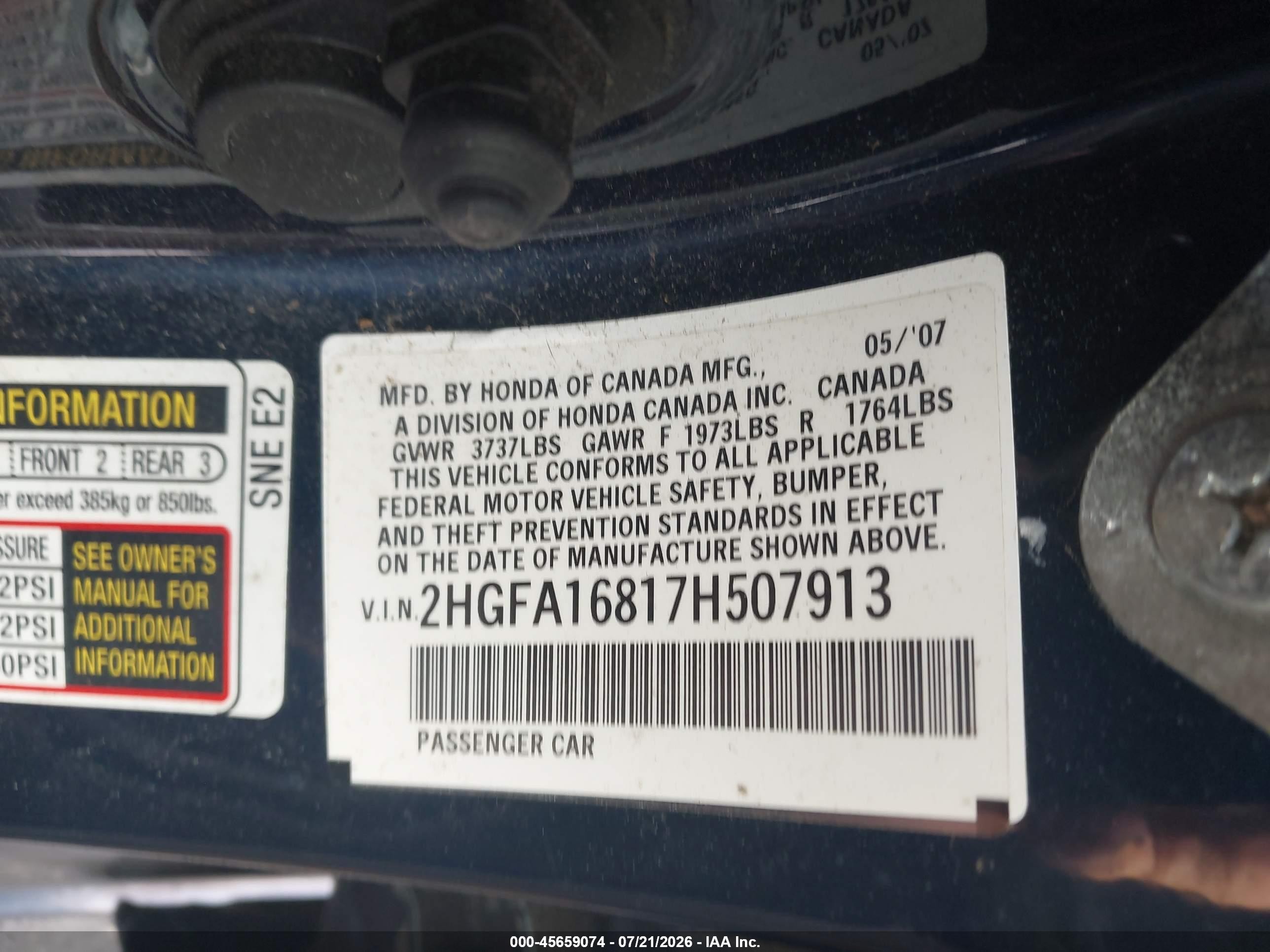 2007 Honda Civic Ex Blue vin: 2HGFA16817H507913