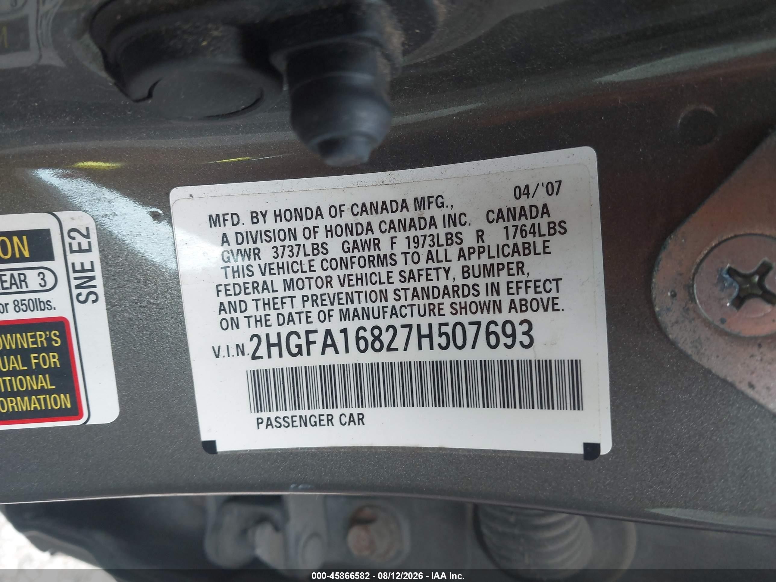2007 Honda Civic Ex Gray vin: 2HGFA16827H507693