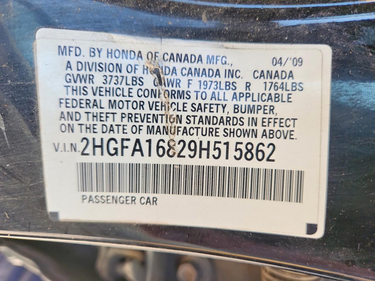 2009 Honda Civic Black vin: 2HGFA16829H515862