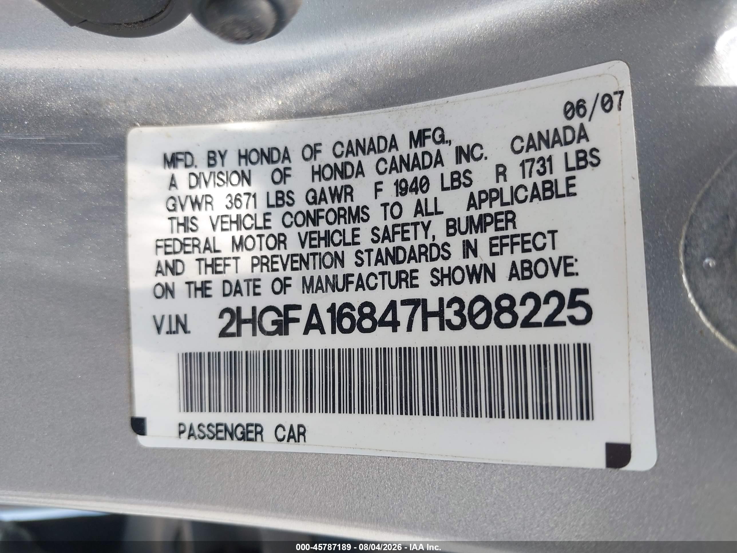 2007 Honda Civic Ex Silver vin: 2HGFA16847H308225