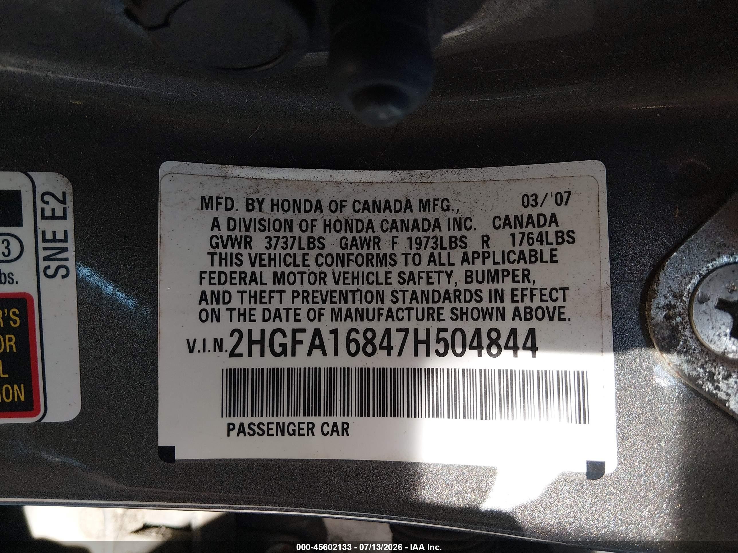 2007 Honda Civic Ex Gray vin: 2HGFA16847H504844