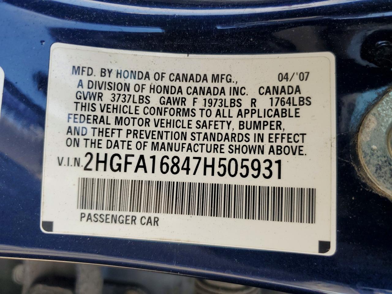 2007 Honda Civic Ex Blue vin: 2HGFA16847H505931