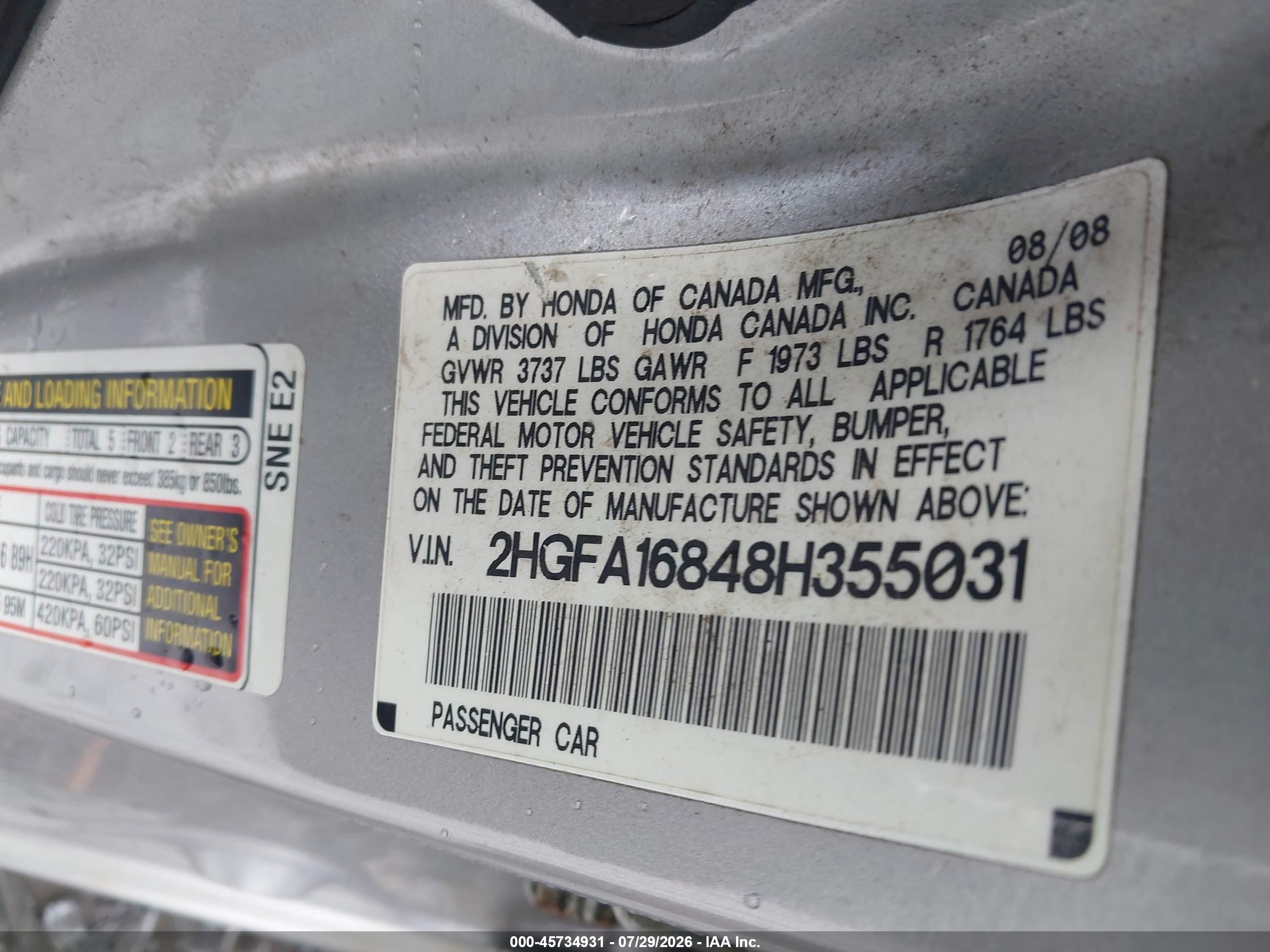 2008 Honda Civic Ex Silver vin: 2HGFA16848H355031
