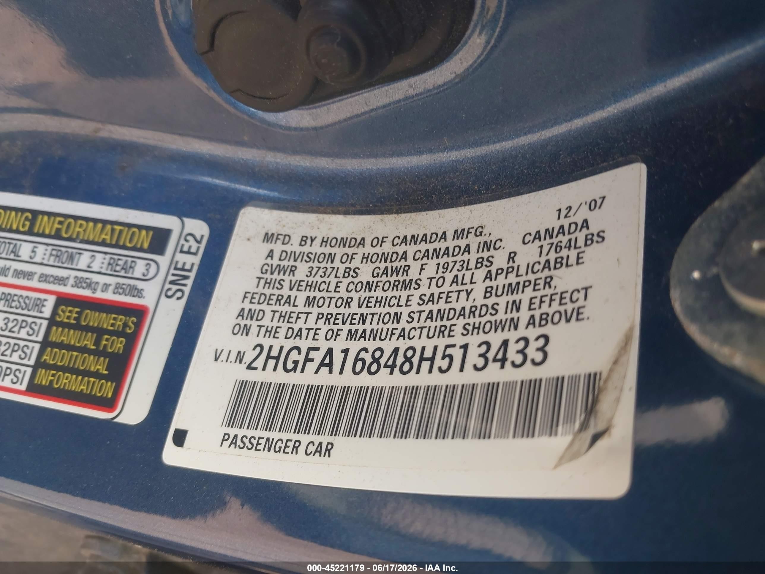 2008 Honda Civic Ex Blue vin: 2HGFA16848H513433