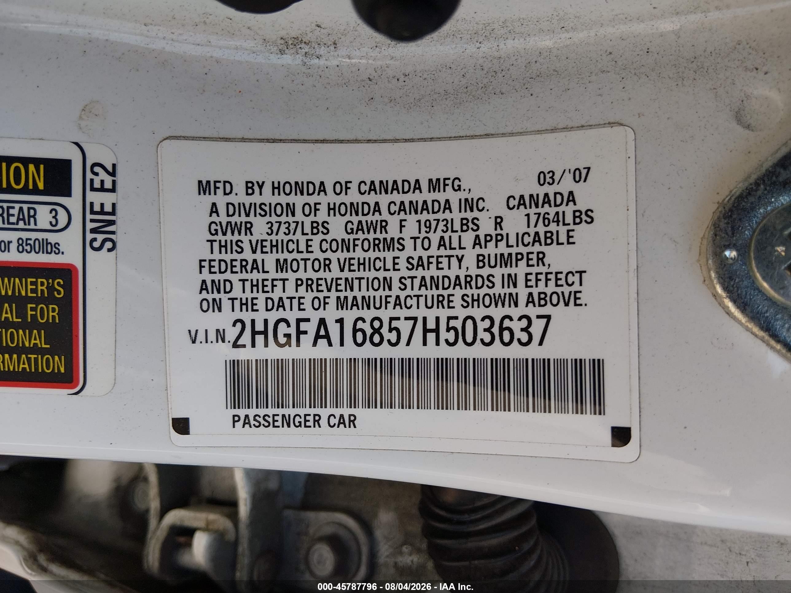 2007 Honda Civic Ex White vin: 2HGFA16857H503637