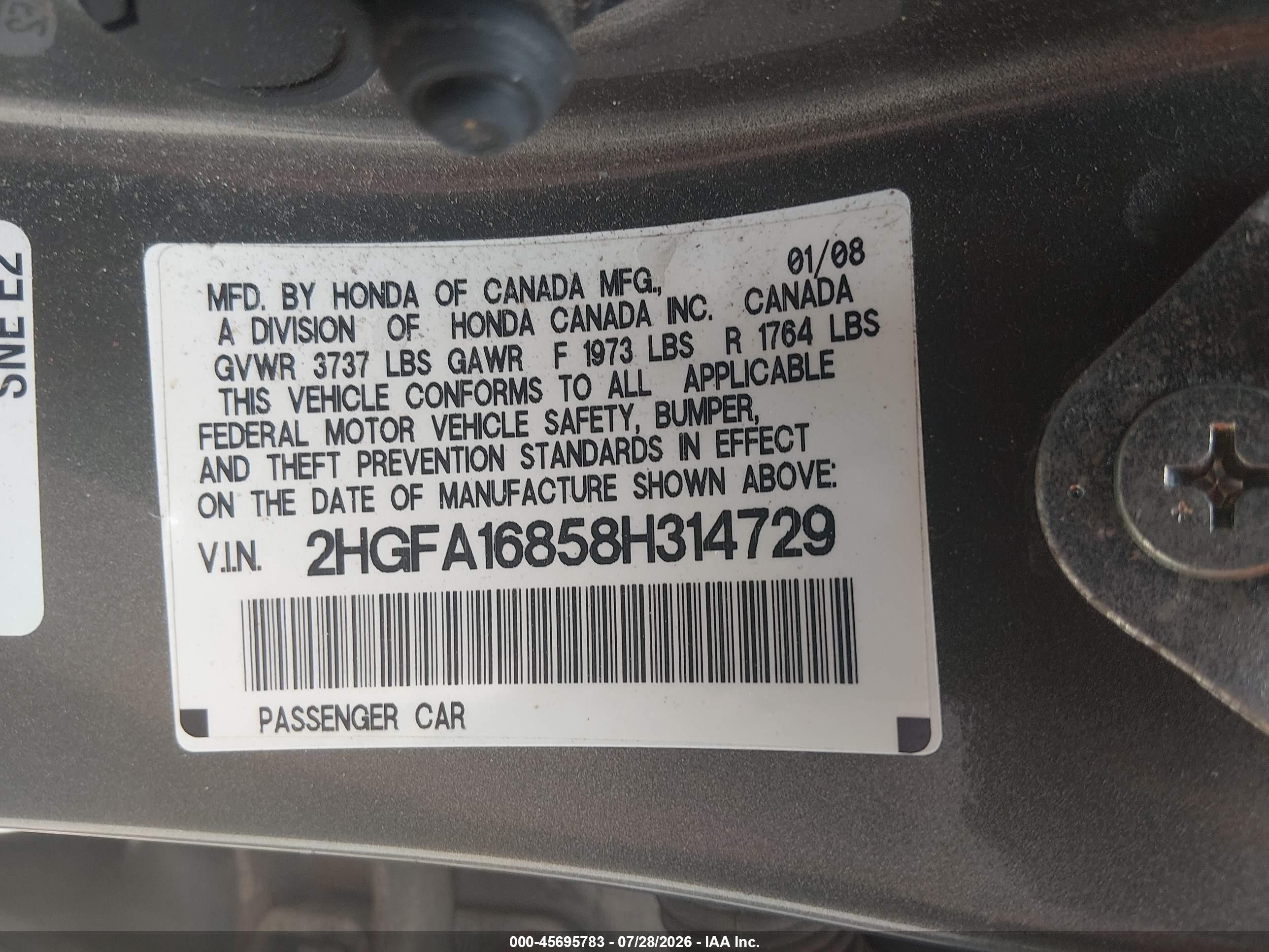 2008 Honda Civic Ex Gray vin: 2HGFA16858H314729
