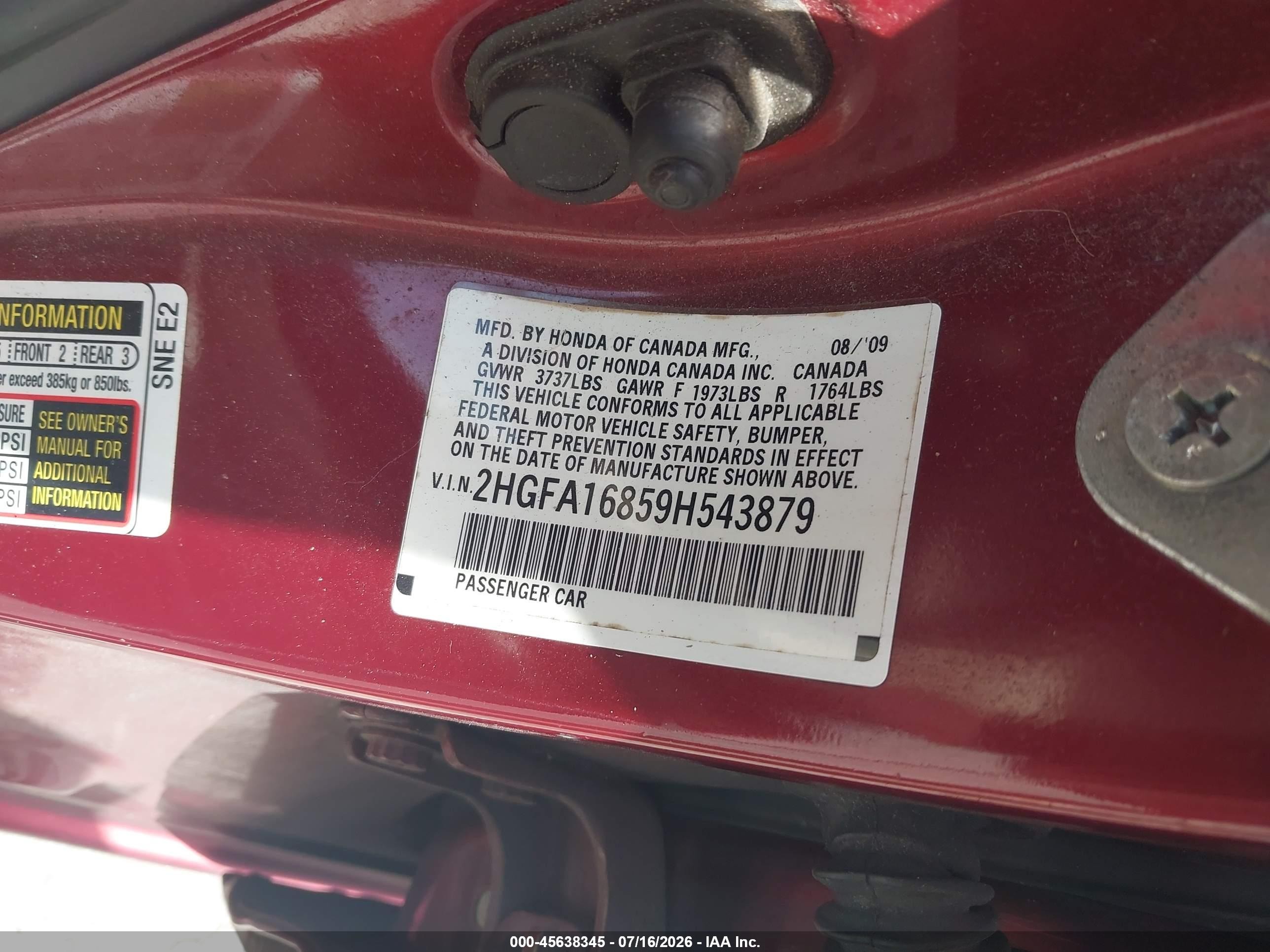 2009 Honda Civic Ex Red vin: 2HGFA16859H543879