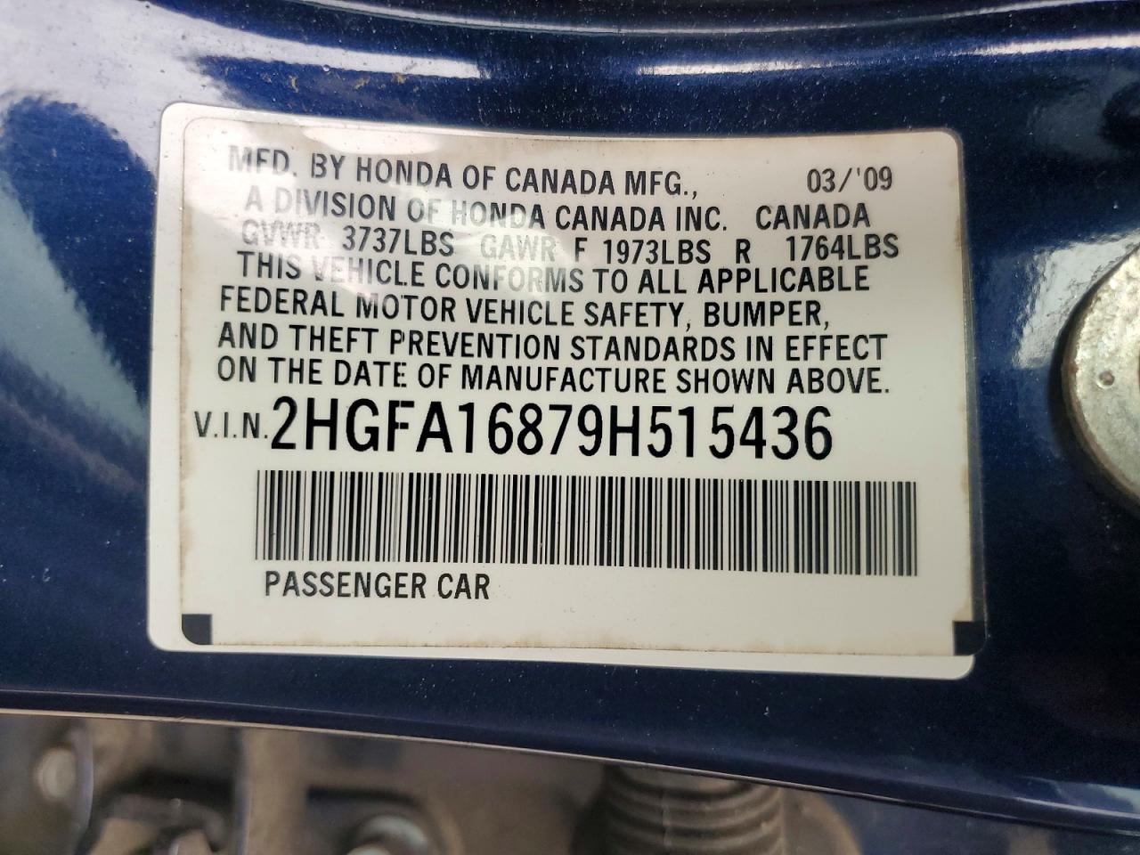 2009 Honda Civic Ex Blue vin: 2HGFA16879H515436