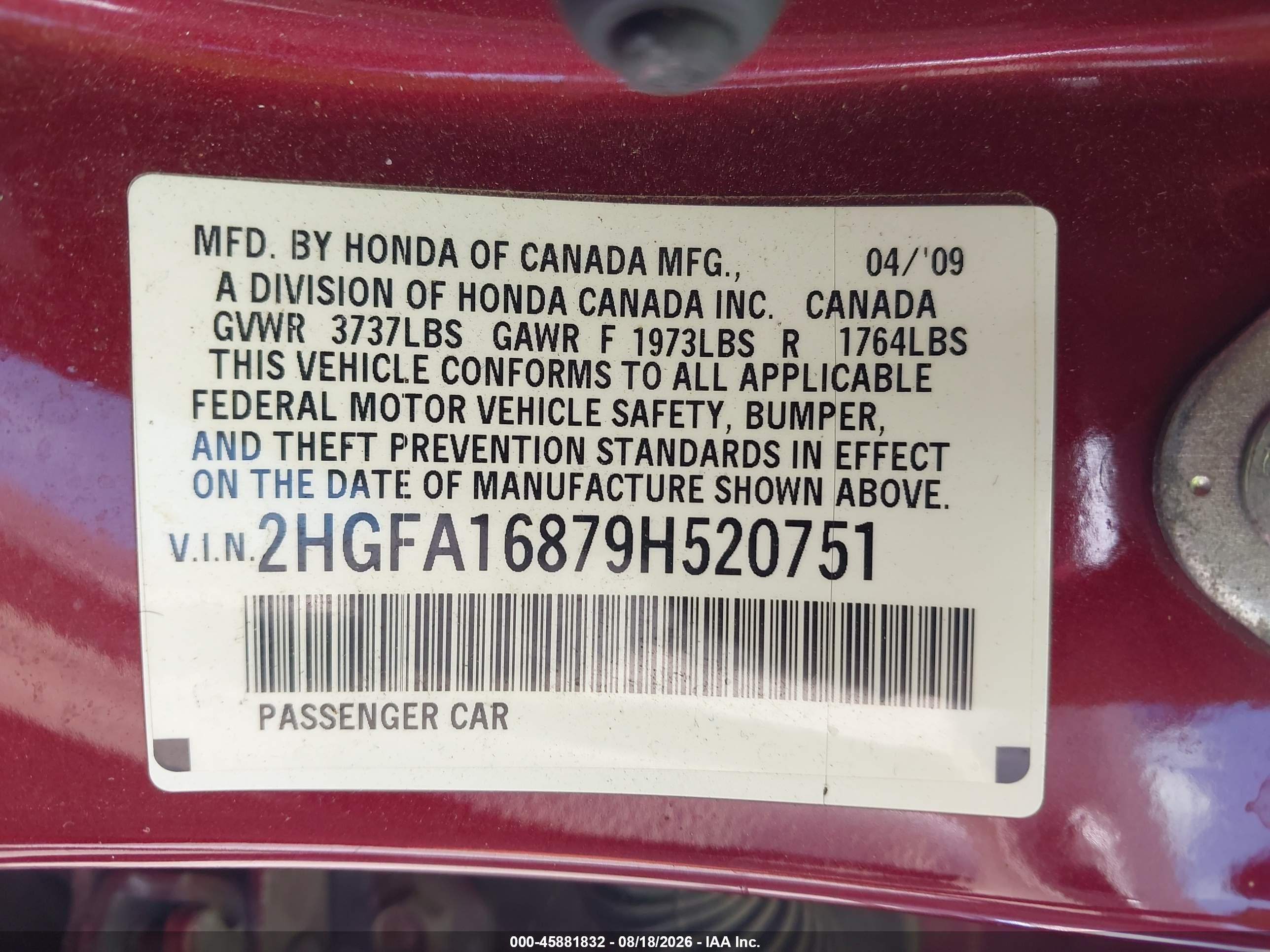 2009 Honda Civic Ex Red vin: 2HGFA16879H520751