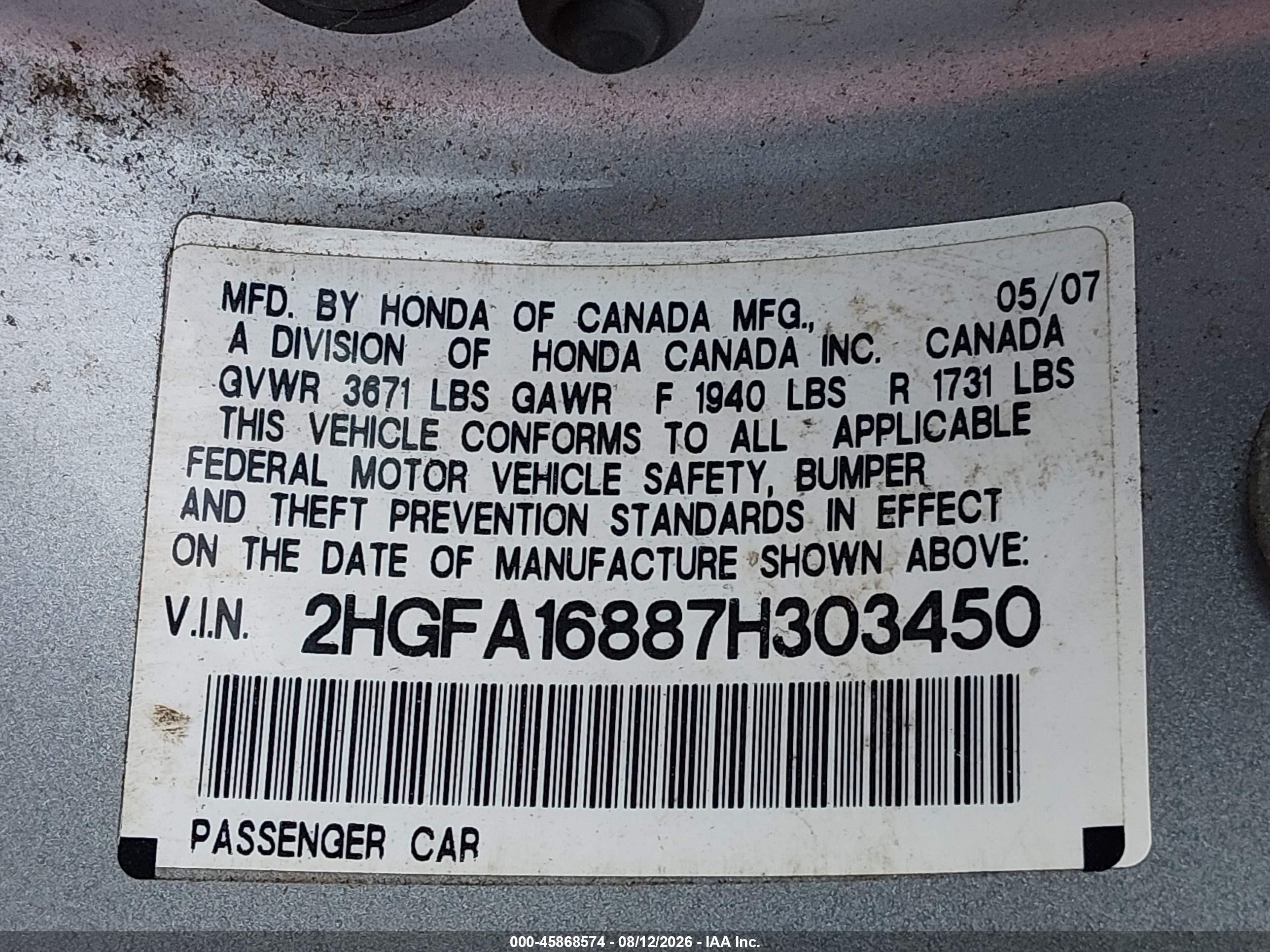 2007 Honda Civic Ex Silver vin: 2HGFA16887H303450