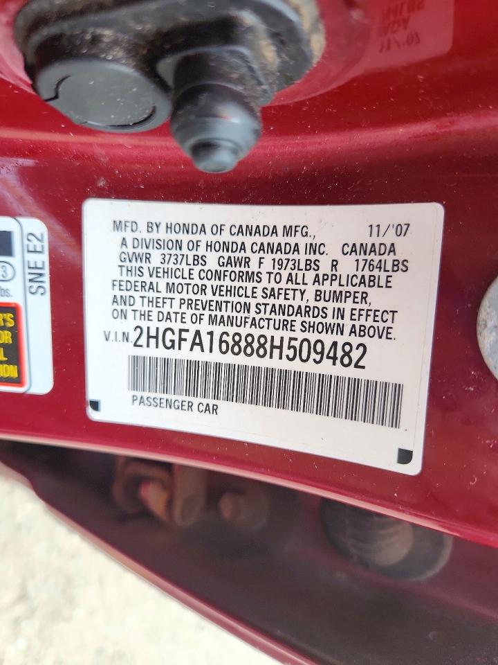2008 Honda Civic Ex Burgundy vin: 2HGFA16888H509482