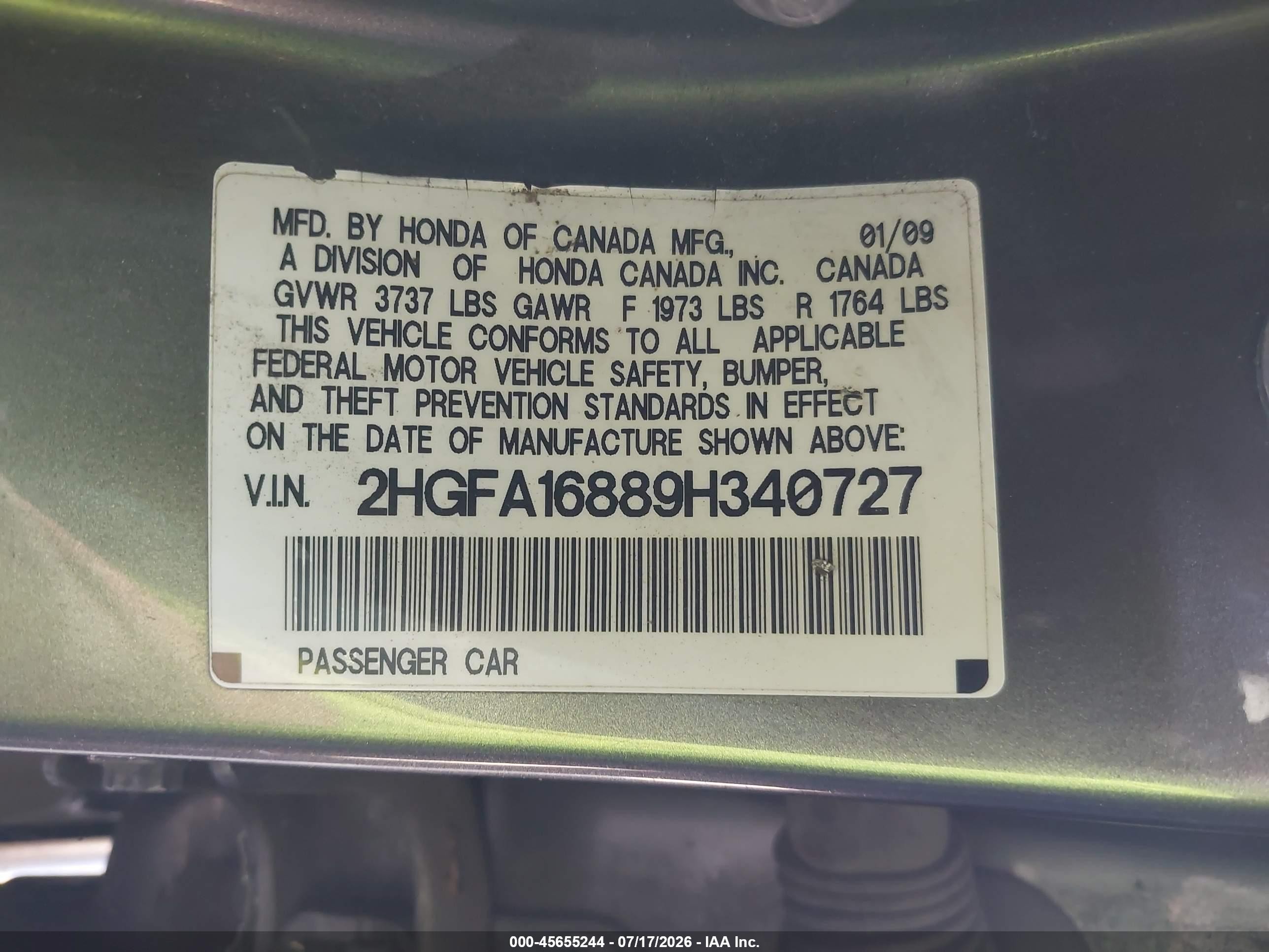 2009 Honda Civic Ex Gray vin: 2HGFA16889H340727