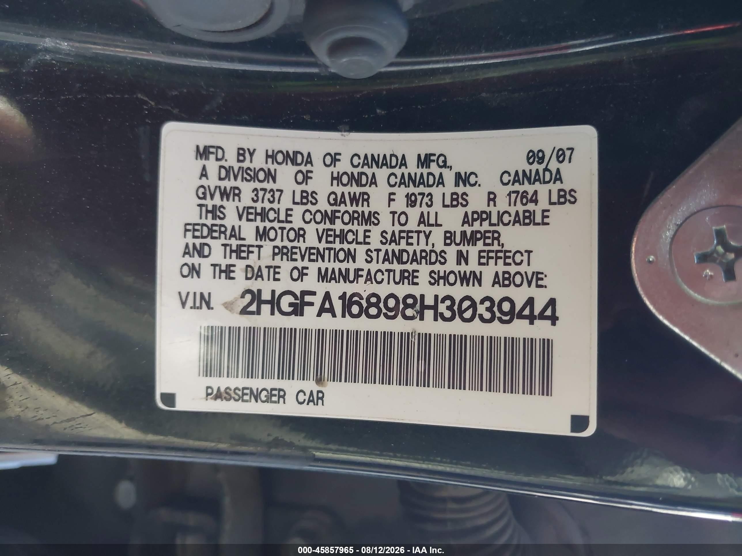 2008 Honda Civic Ex Black vin: 2HGFA16898H303944