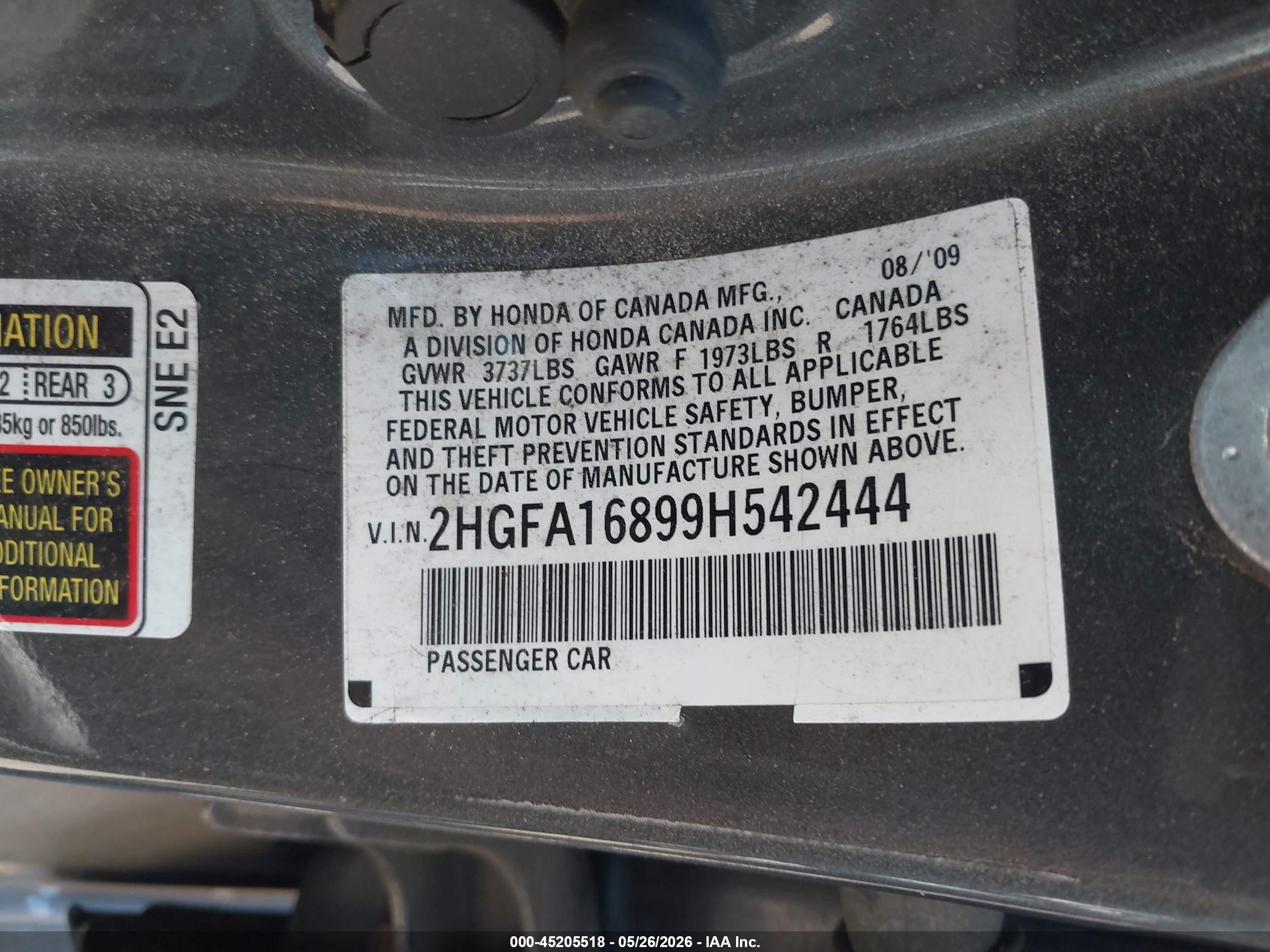 2009 Honda Civic Ex Gray vin: 2HGFA16899H542444