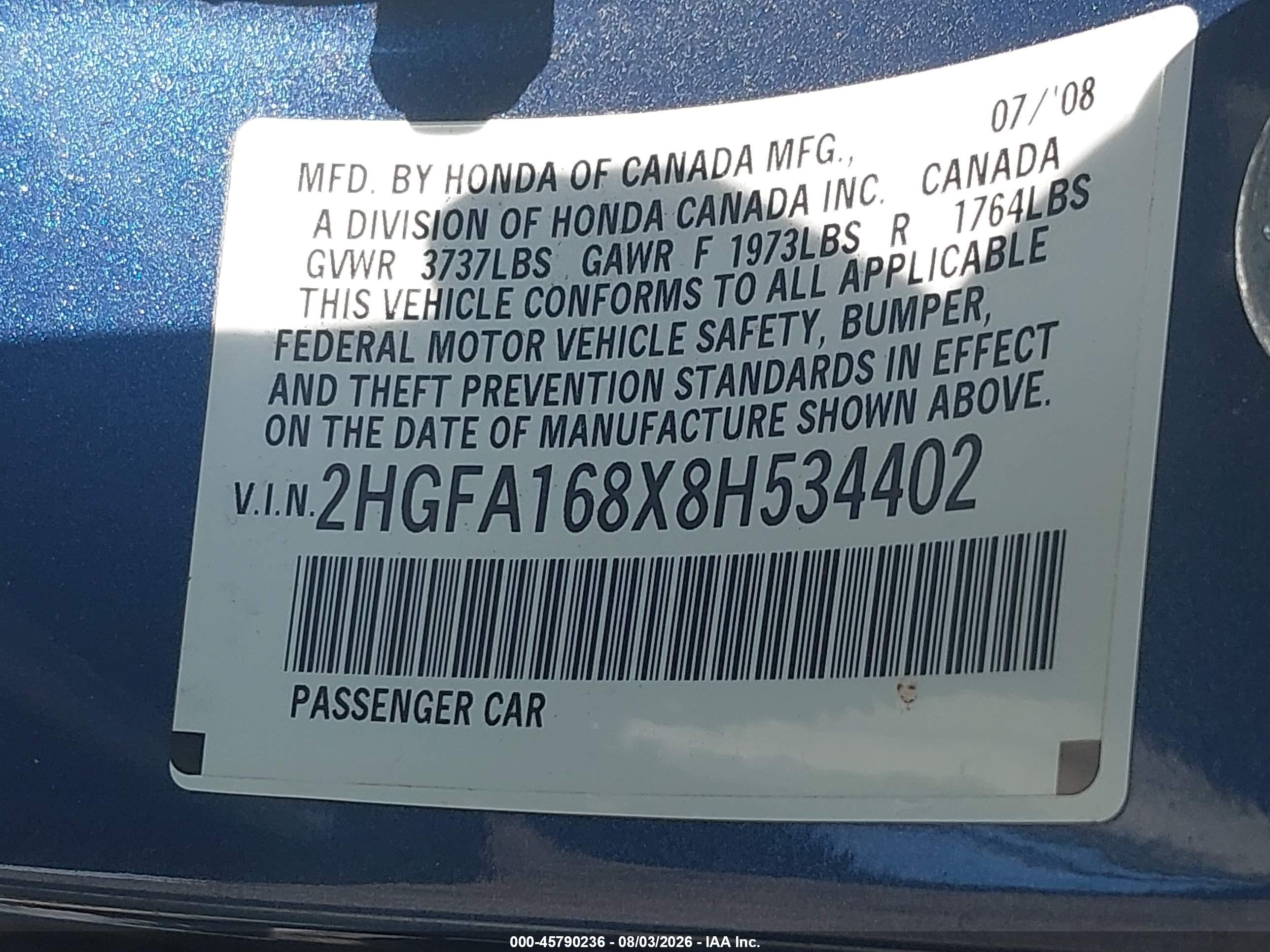 2008 Honda Civic Ex Blue vin: 2HGFA168X8H534402