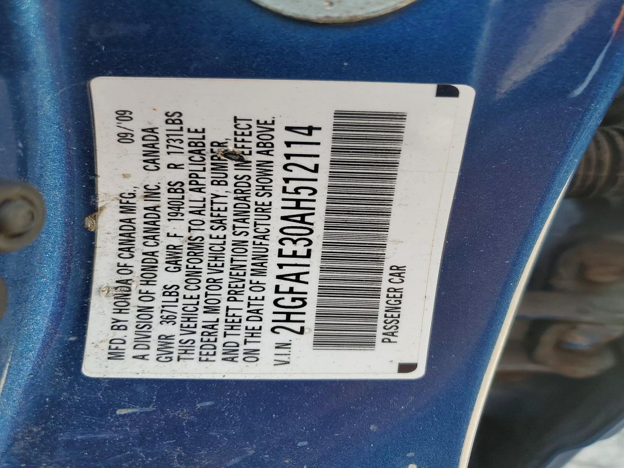 2010 Honda Civic Vp Blue vin: 2HGFA1E30AH512114