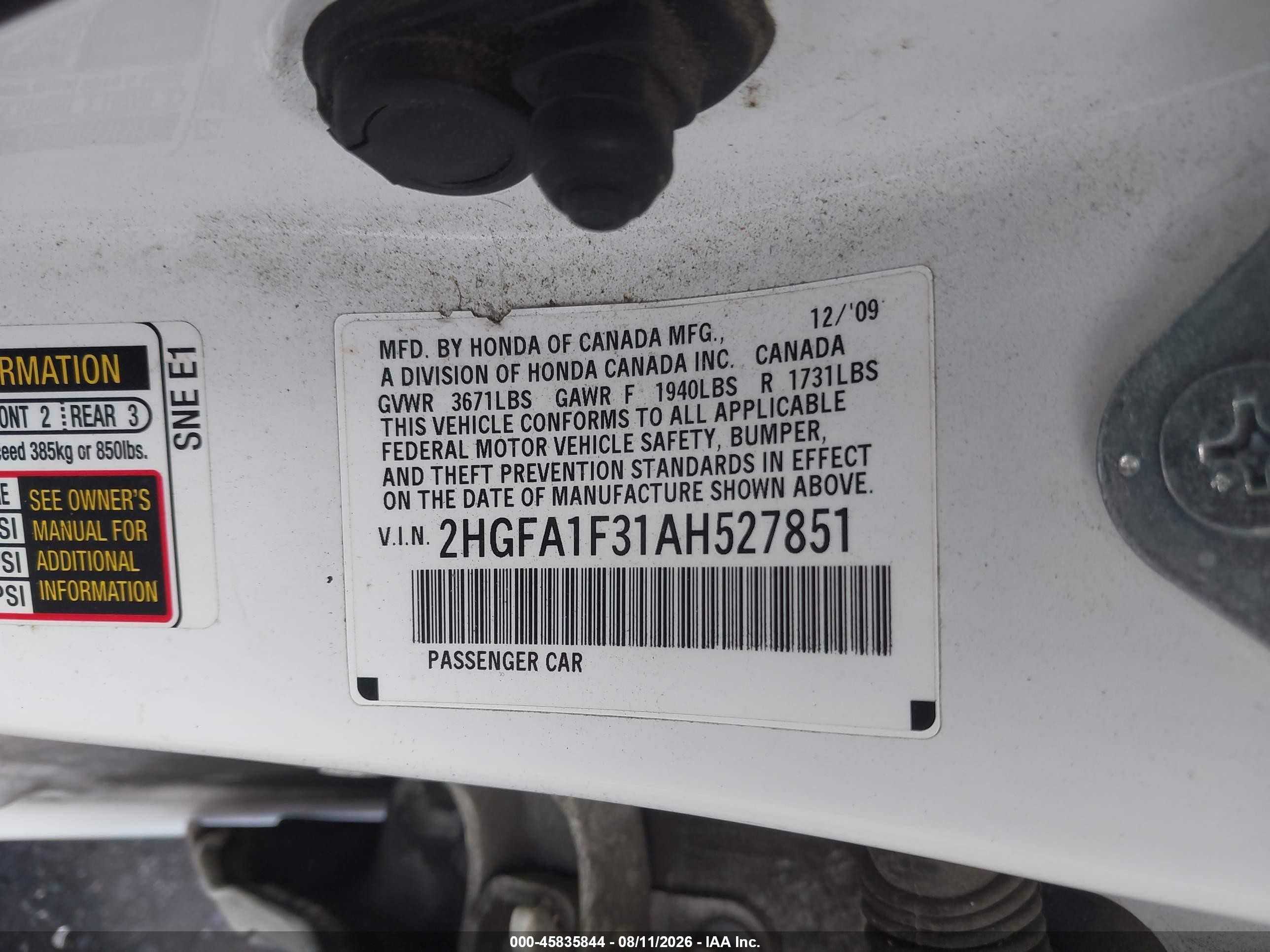2010 Honda Civic Vp White vin: 2HGFA1F31AH527851
