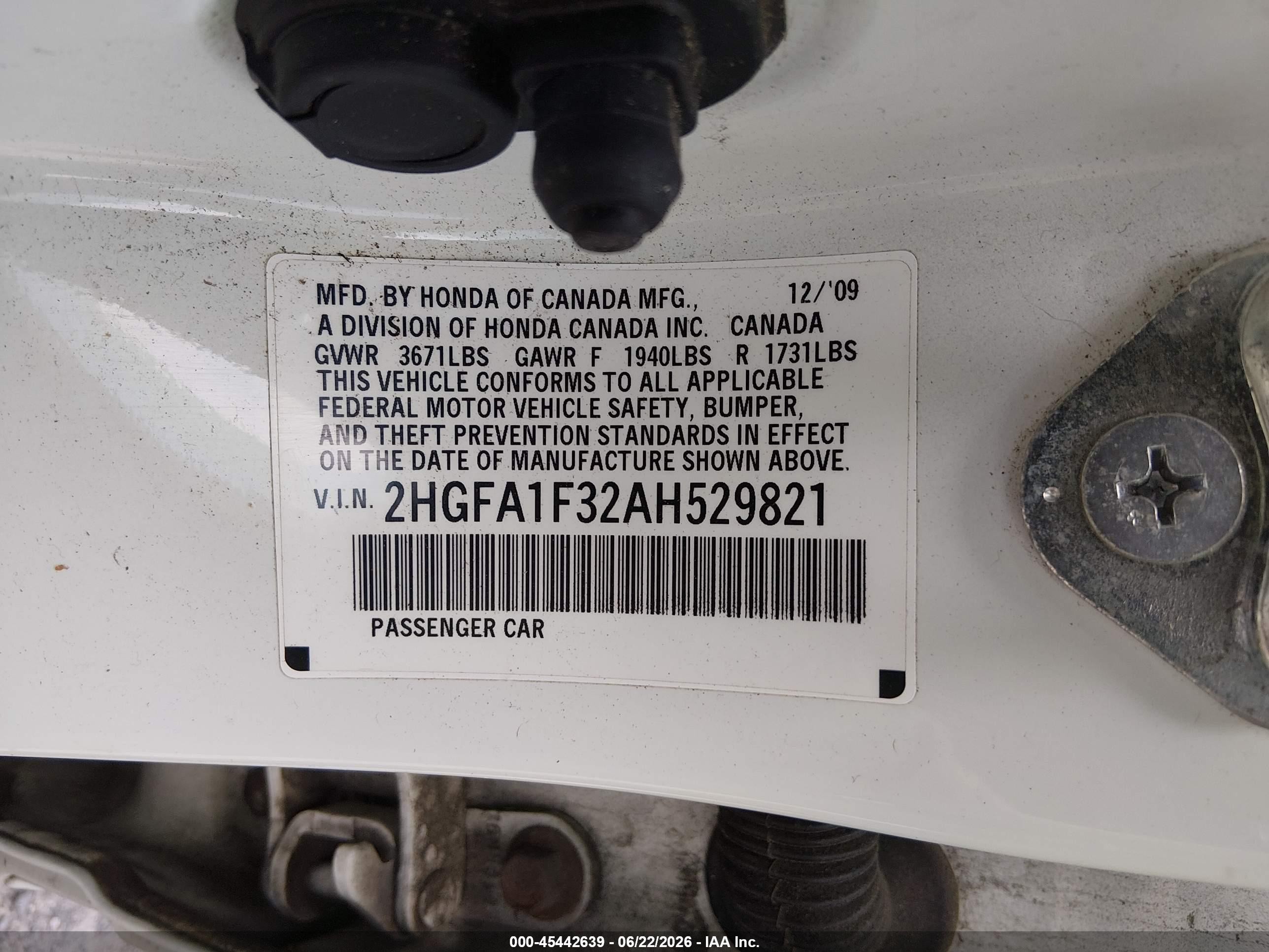 2010 Honda Civic Vp White vin: 2HGFA1F32AH529821