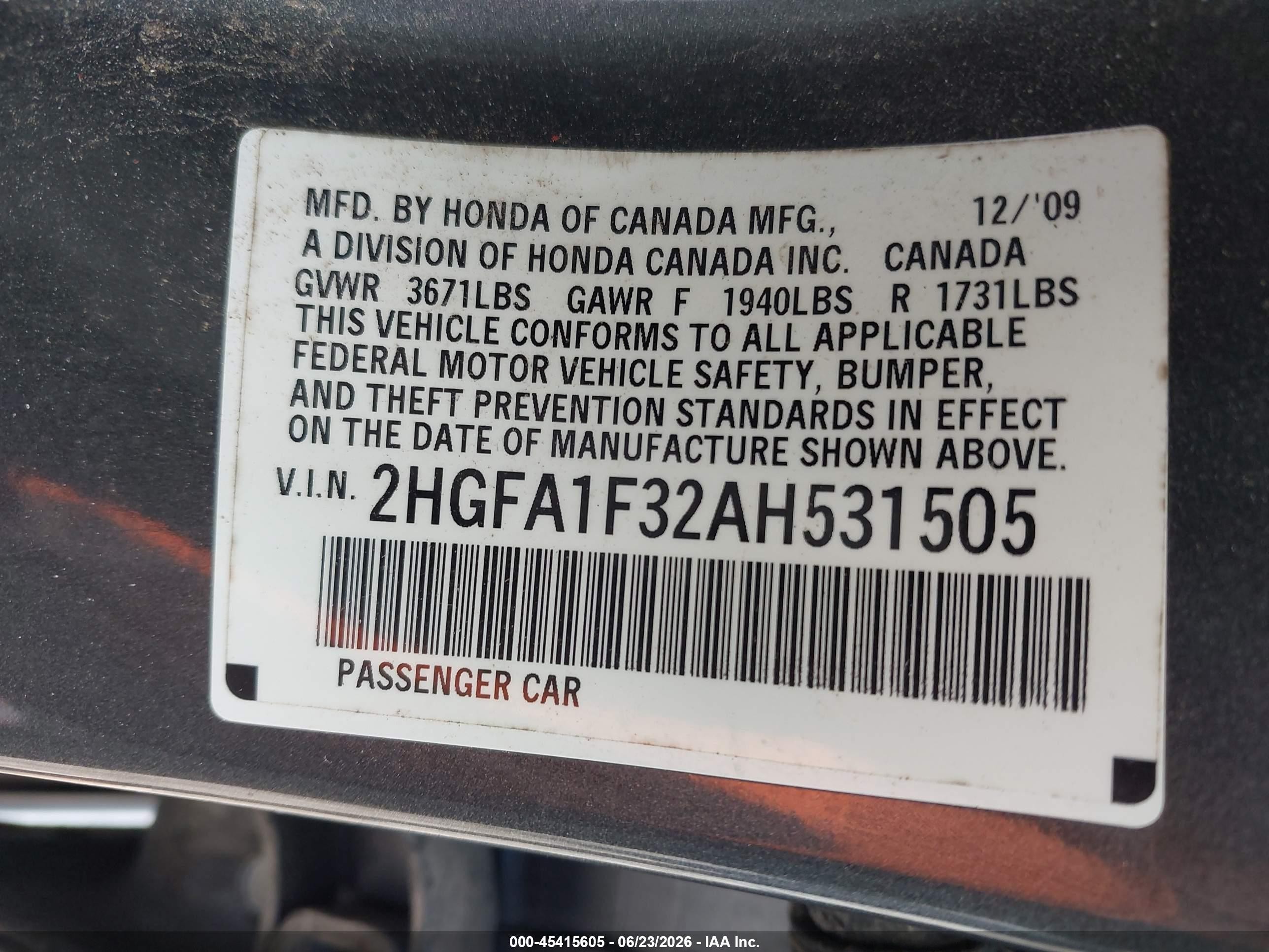 2010 Honda Civic Vp Gray vin: 2HGFA1F32AH531505