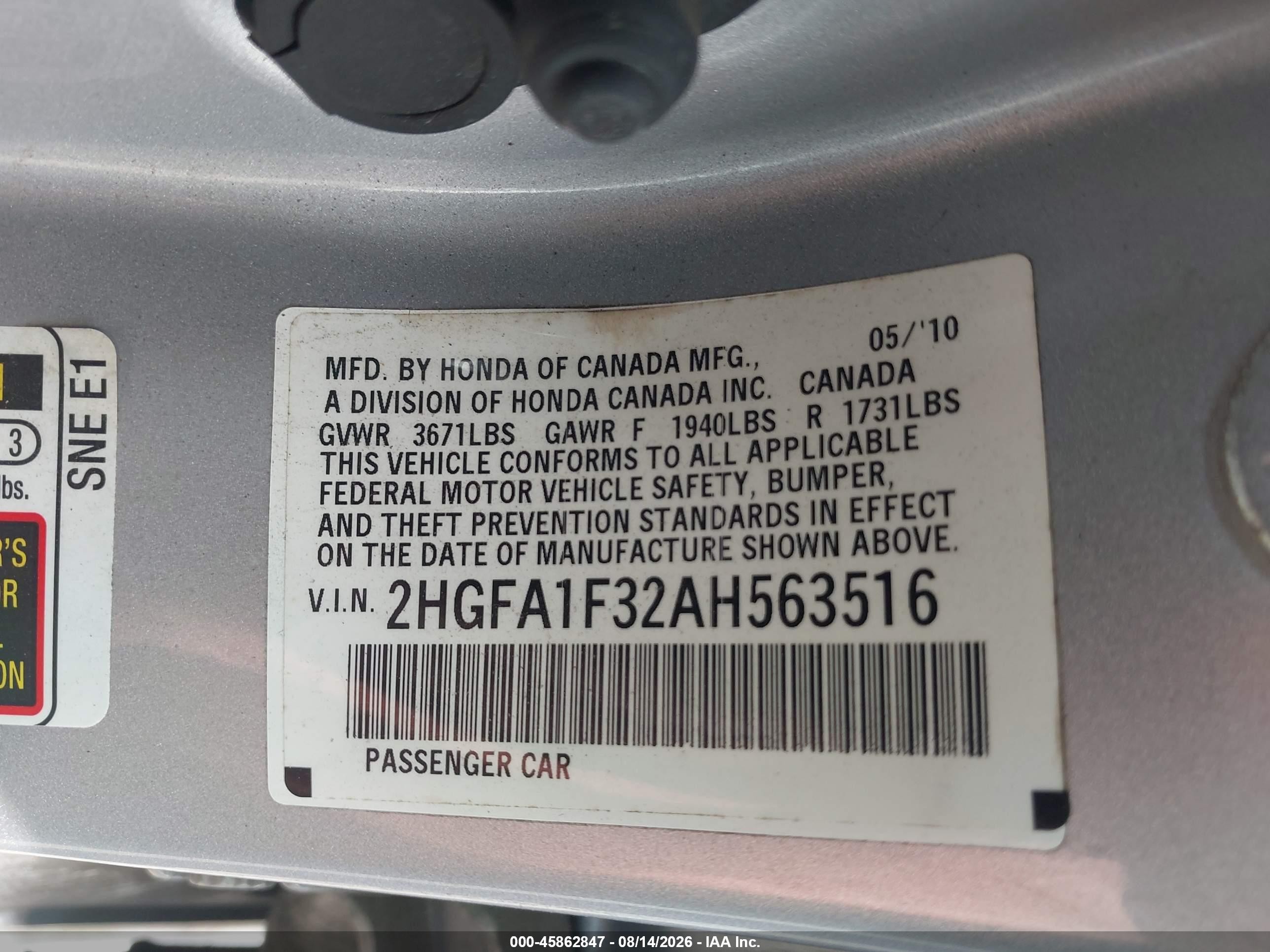 2010 Honda Civic Vp Silver vin: 2HGFA1F32AH563516