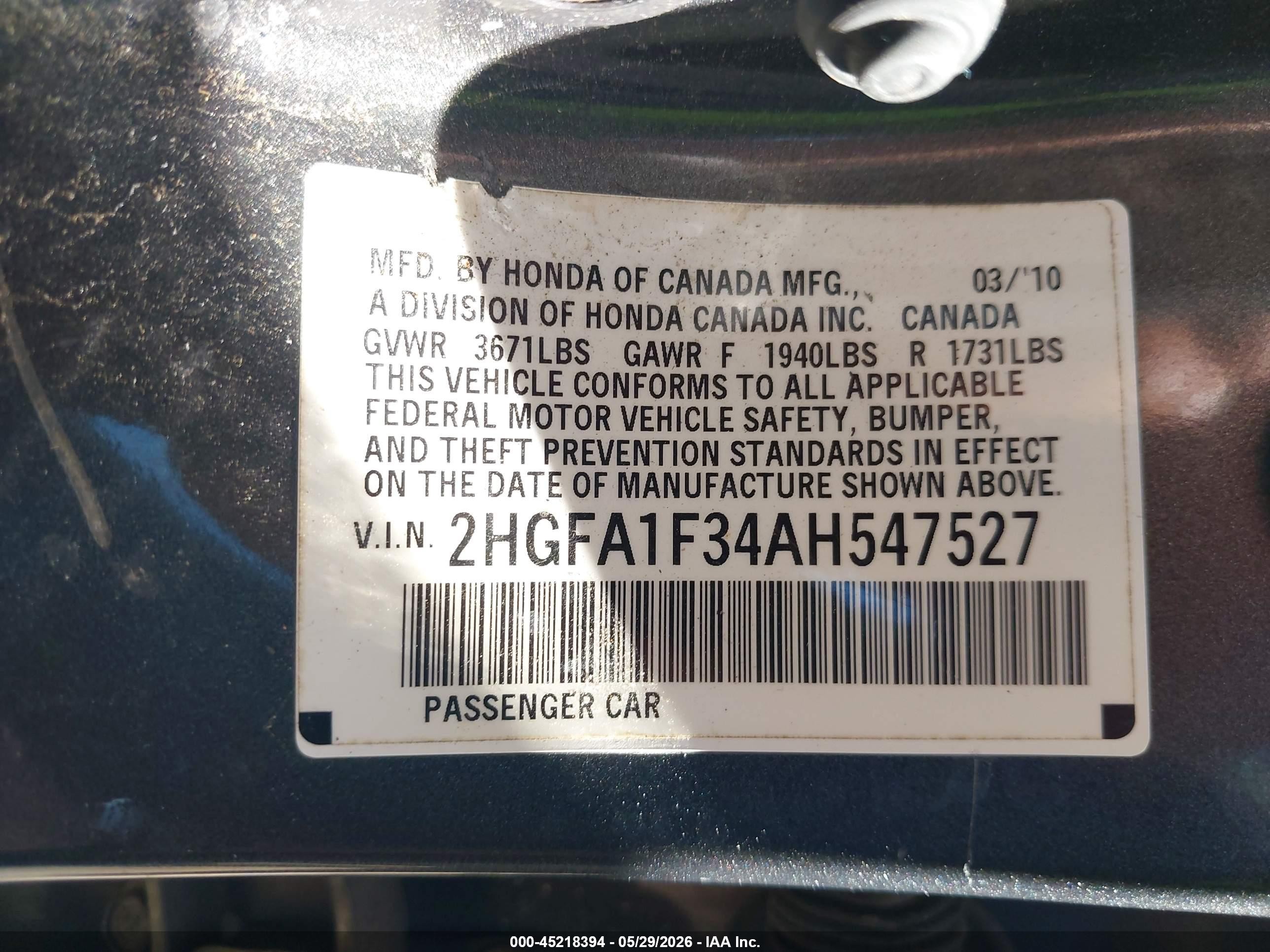 2010 Honda Civic Vp Gray vin: 2HGFA1F34AH547527