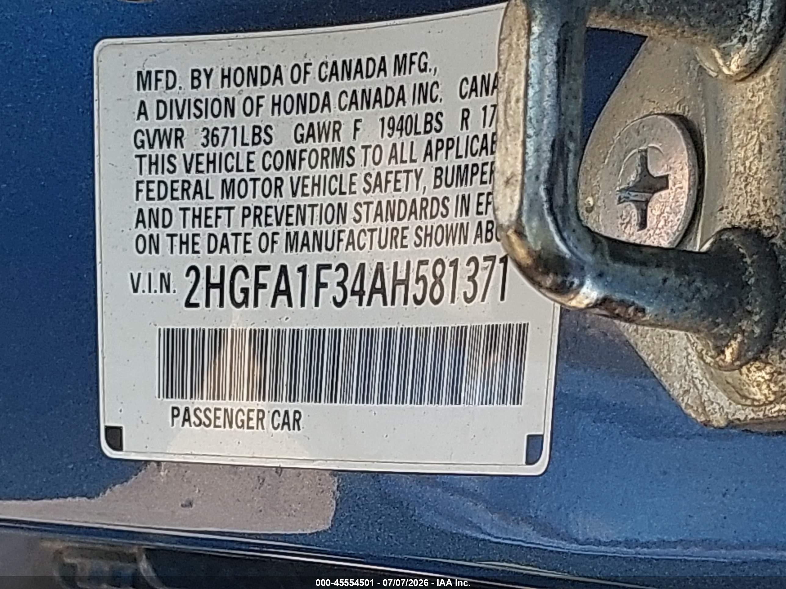 2010 Honda Civic Vp Синий vin: 2HGFA1F34AH581371