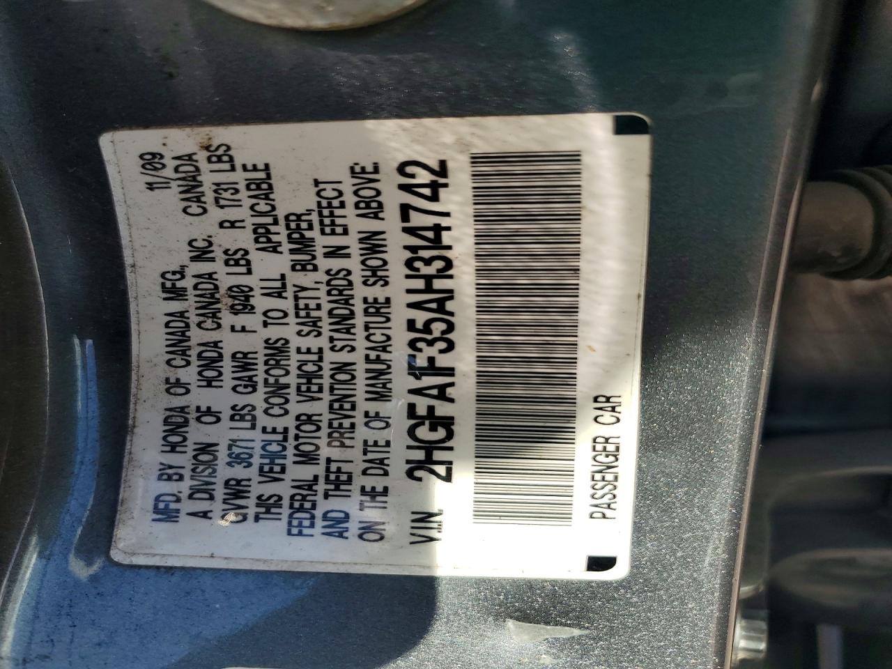 2010 Honda Civic Vp Gray vin: 2HGFA1F35AH314742