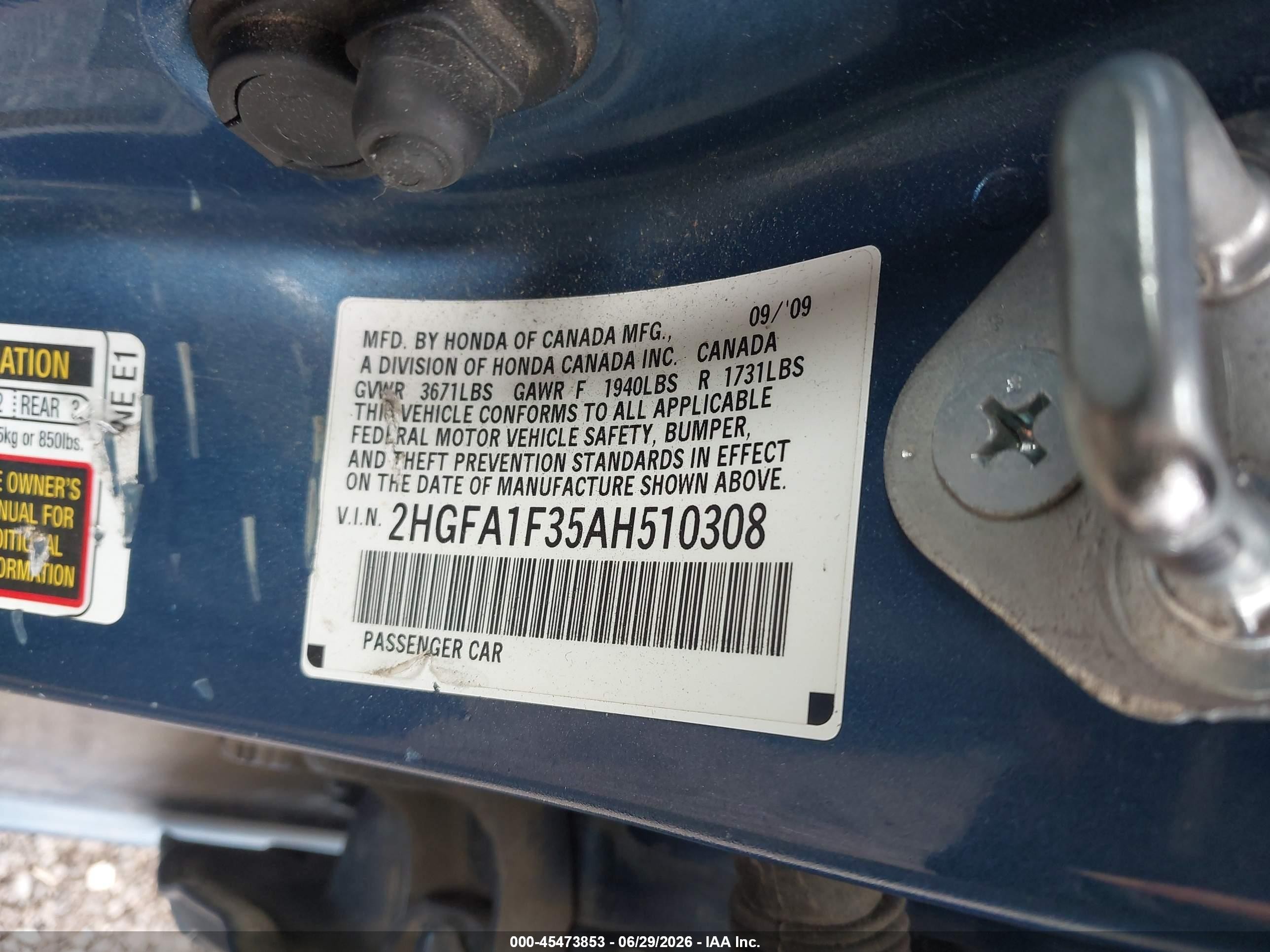 2010 Honda Civic Vp Dark Blue vin: 2HGFA1F35AH510308