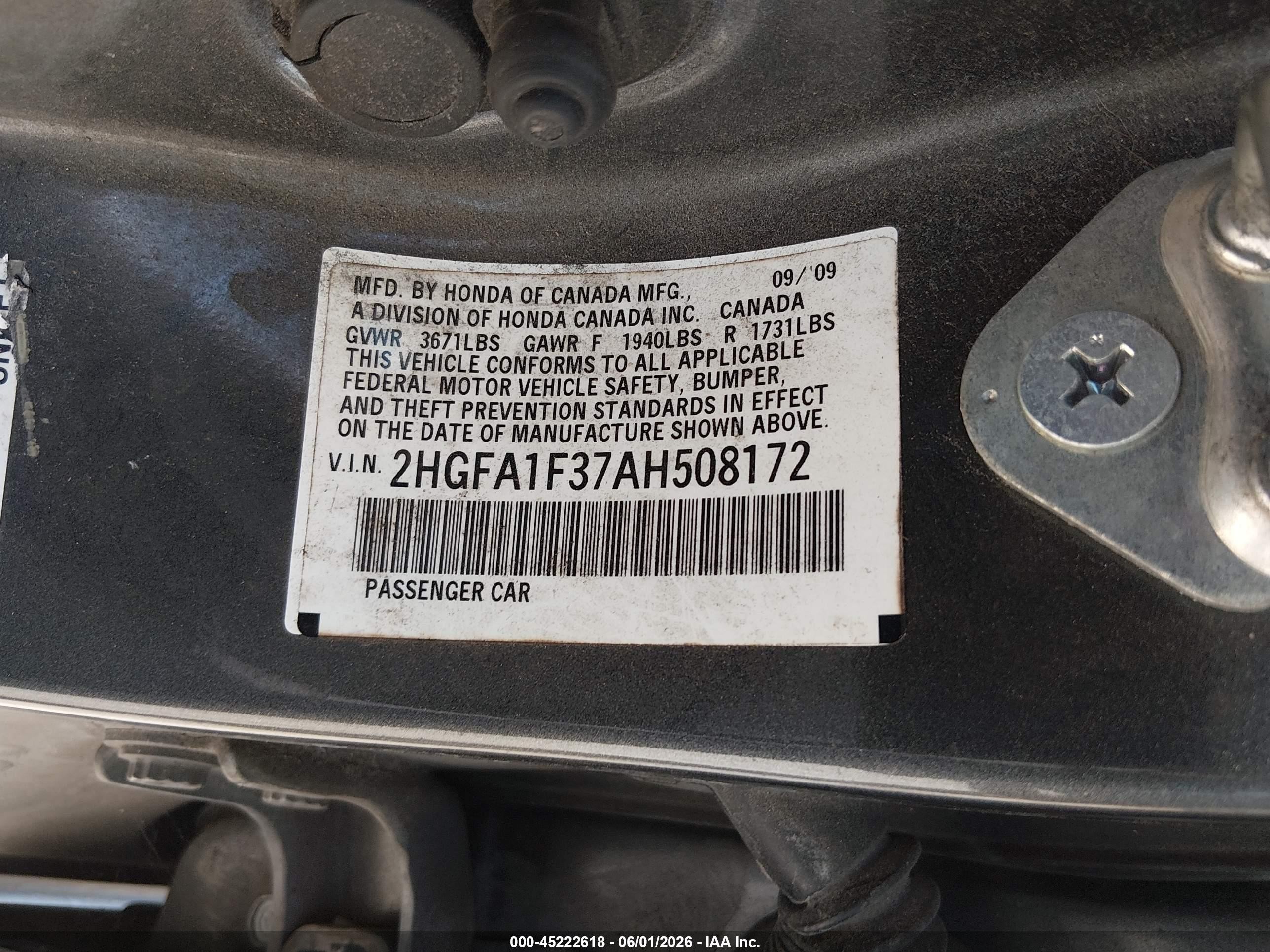 2010 Honda Civic Vp Gray vin: 2HGFA1F37AH508172