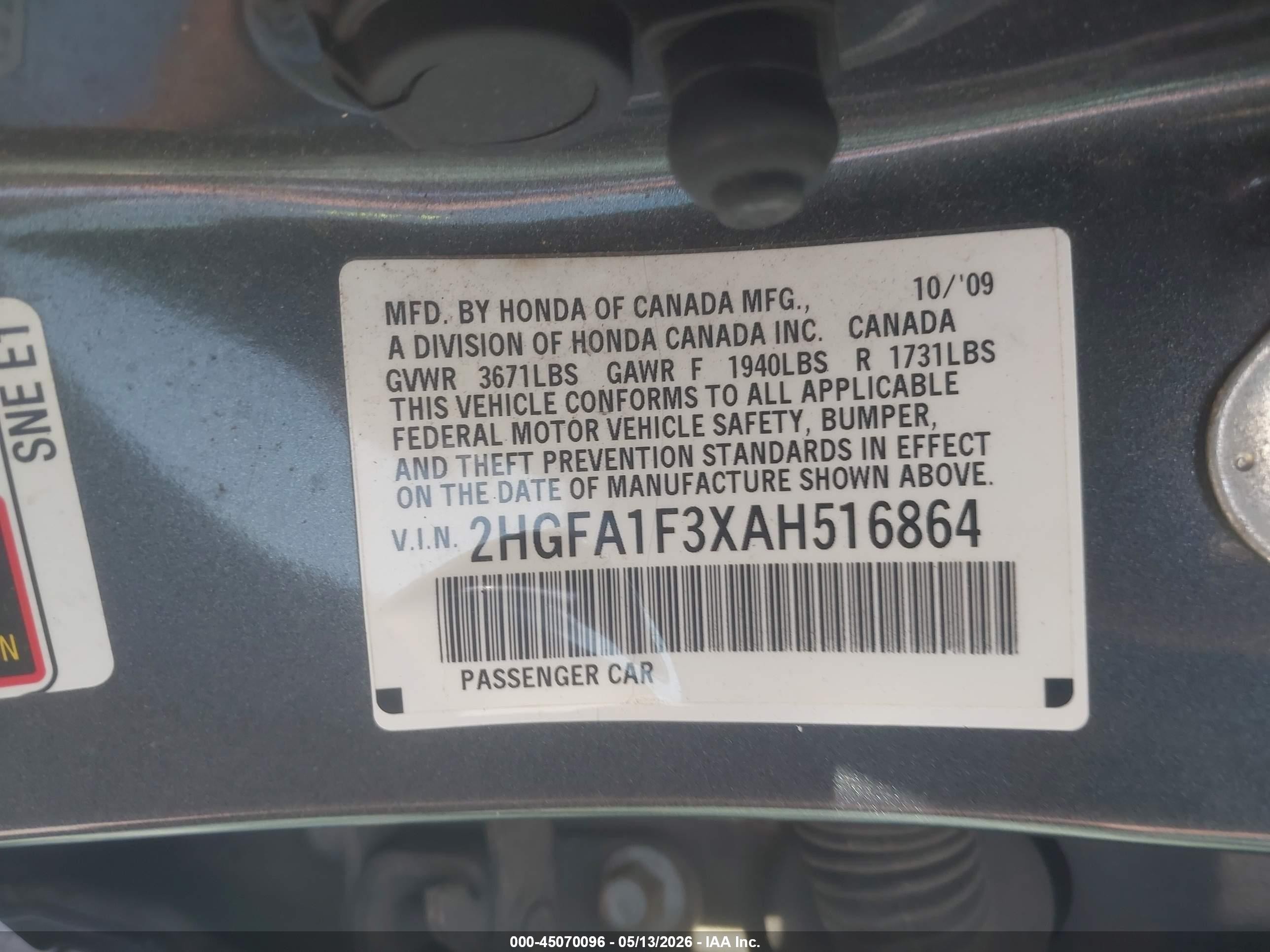 2010 Honda Civic Vp Gray vin: 2HGFA1F3XAH516864