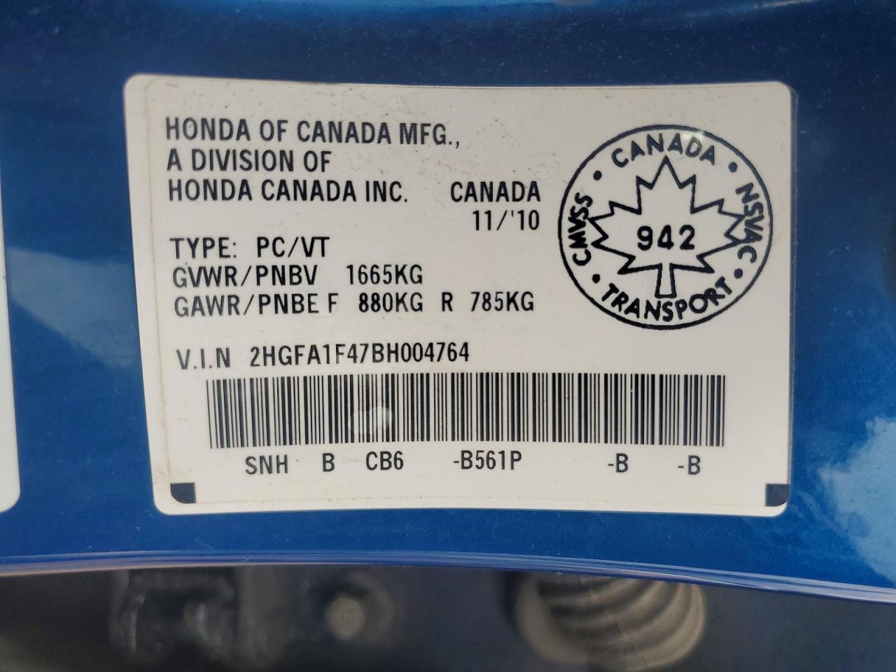 2011 Honda Civic Blue vin: 2HGFA1F47BH004764