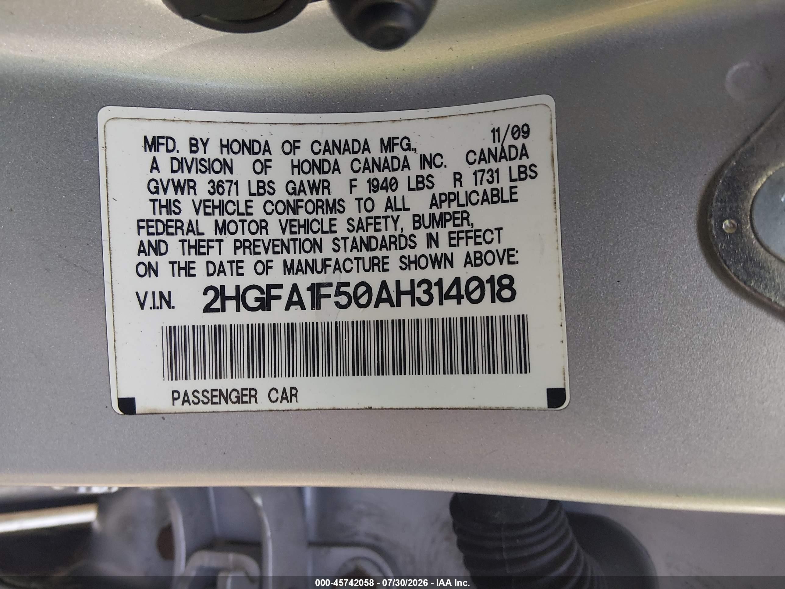 2010 Honda Civic Lx Silver vin: 2HGFA1F50AH314018