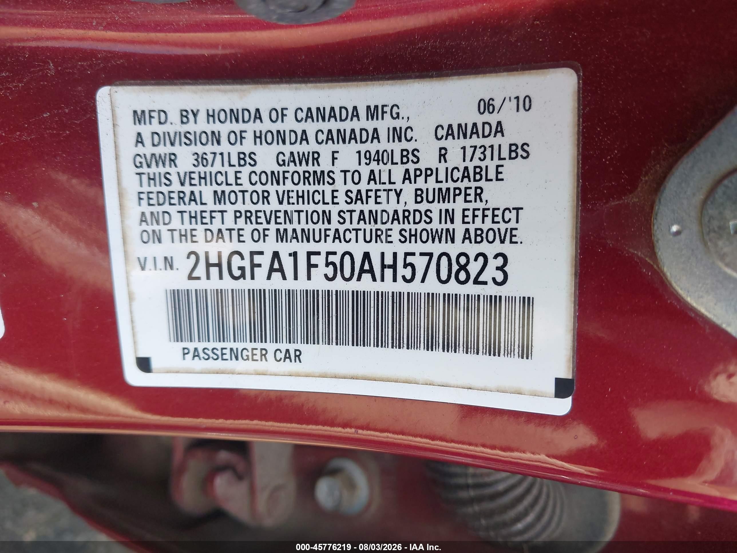 2010 Honda Civic Lx Red vin: 2HGFA1F50AH570823