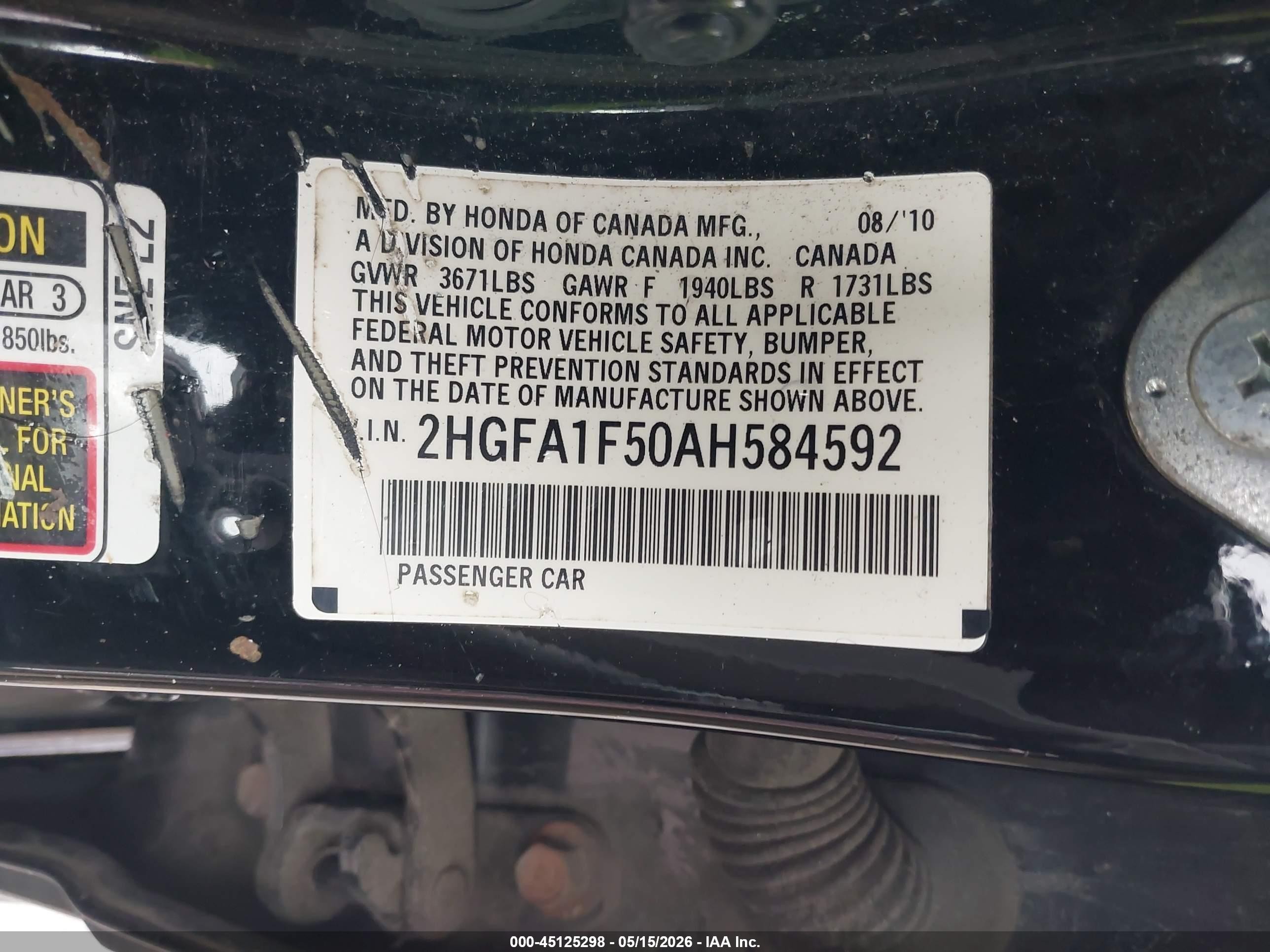 2010 Honda Civic Lx Black vin: 2HGFA1F50AH584592