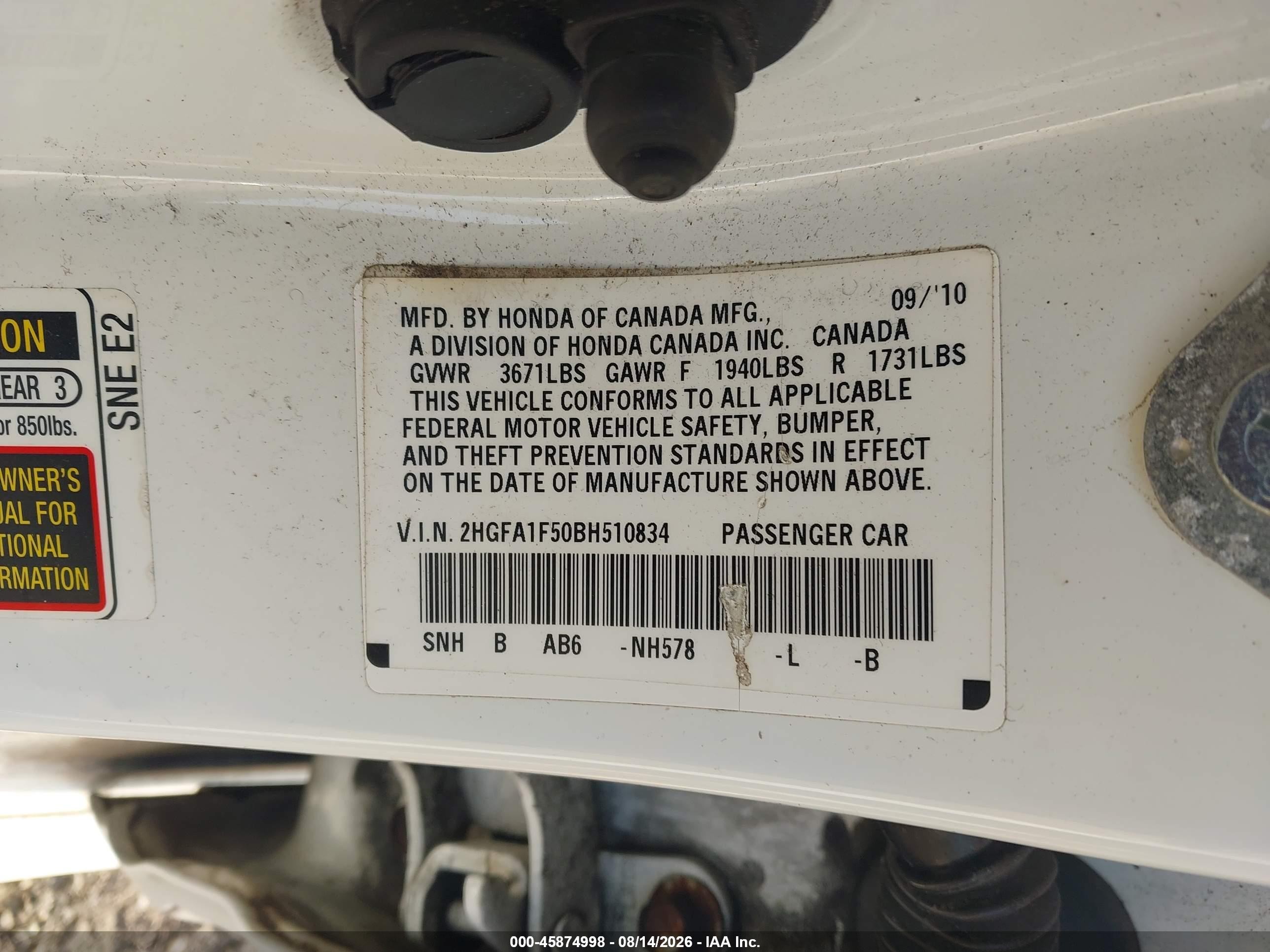 2011 Honda Civic Lx White vin: 2HGFA1F50BH510834