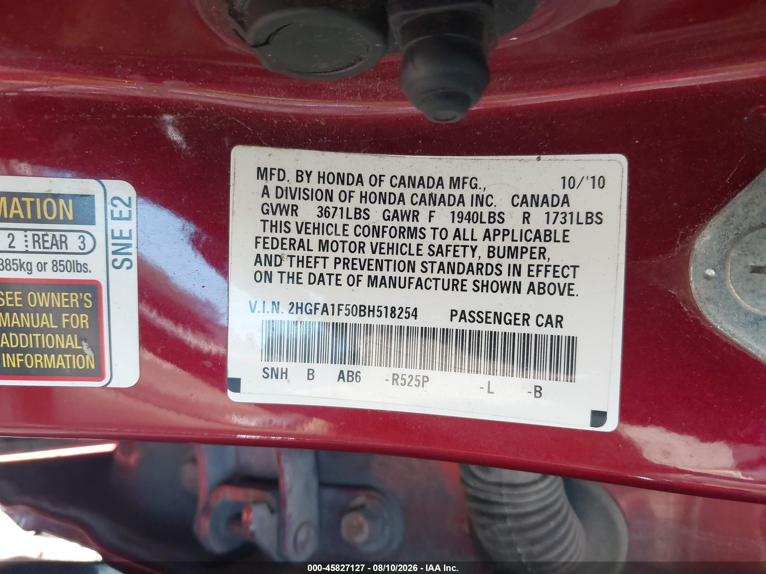 2011 Honda Civic Lx Red vin: 2HGFA1F50BH518254