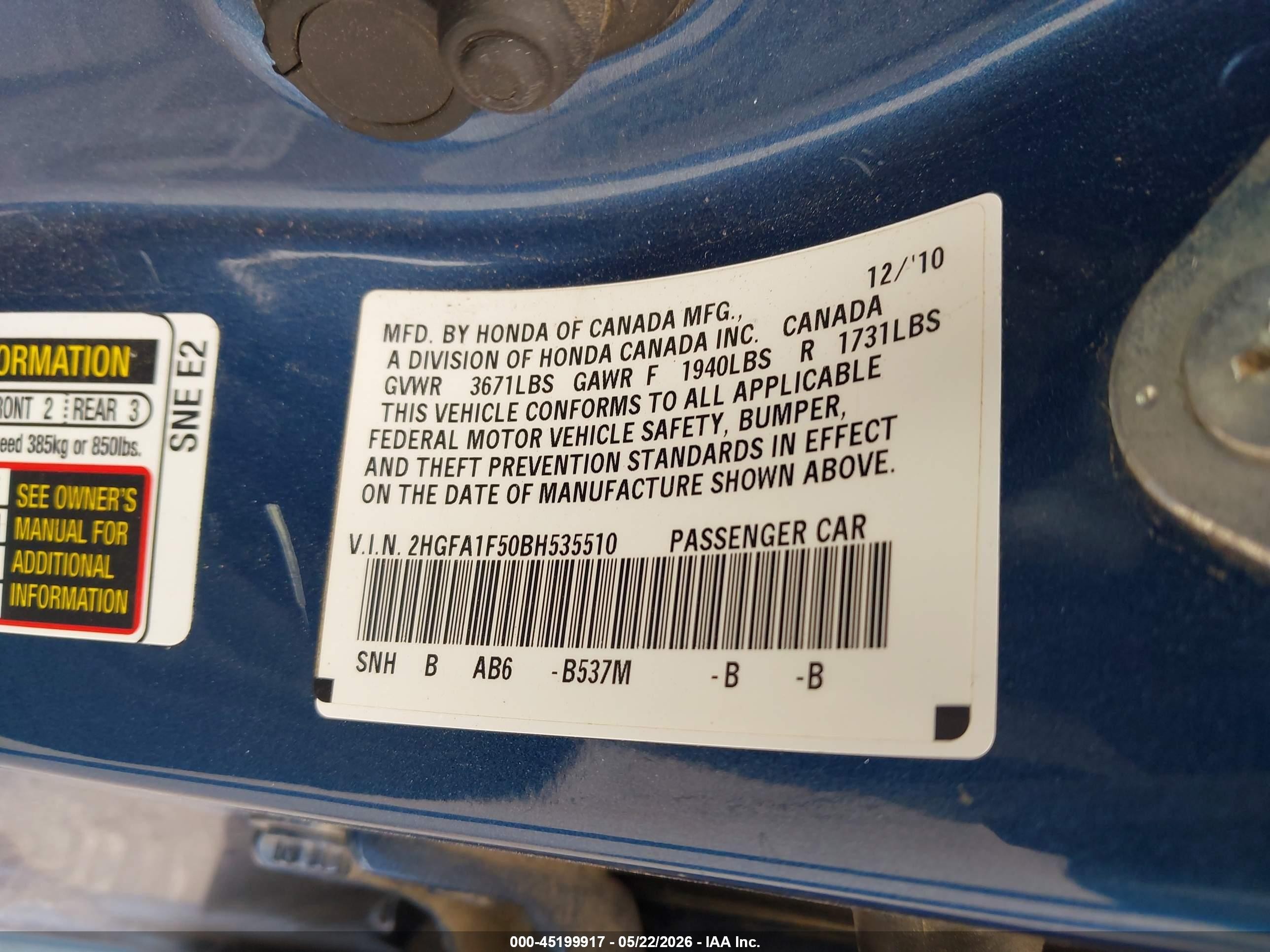 2011 Honda Civic Lx Blue vin: 2HGFA1F50BH535510