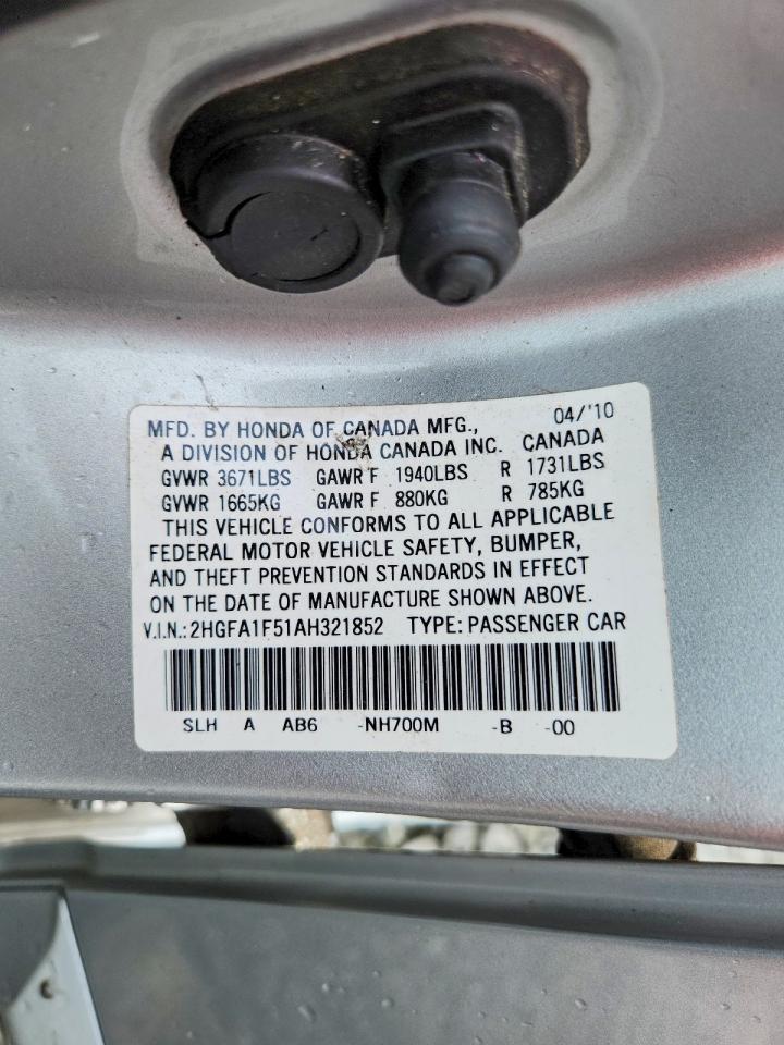 2010 Honda Civic Lx Silver vin: 2HGFA1F51AH321852