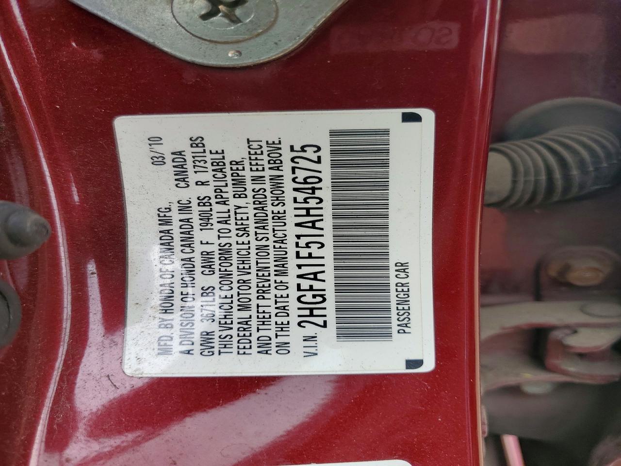 2010 Honda Civic Lx Red vin: 2HGFA1F51AH546725