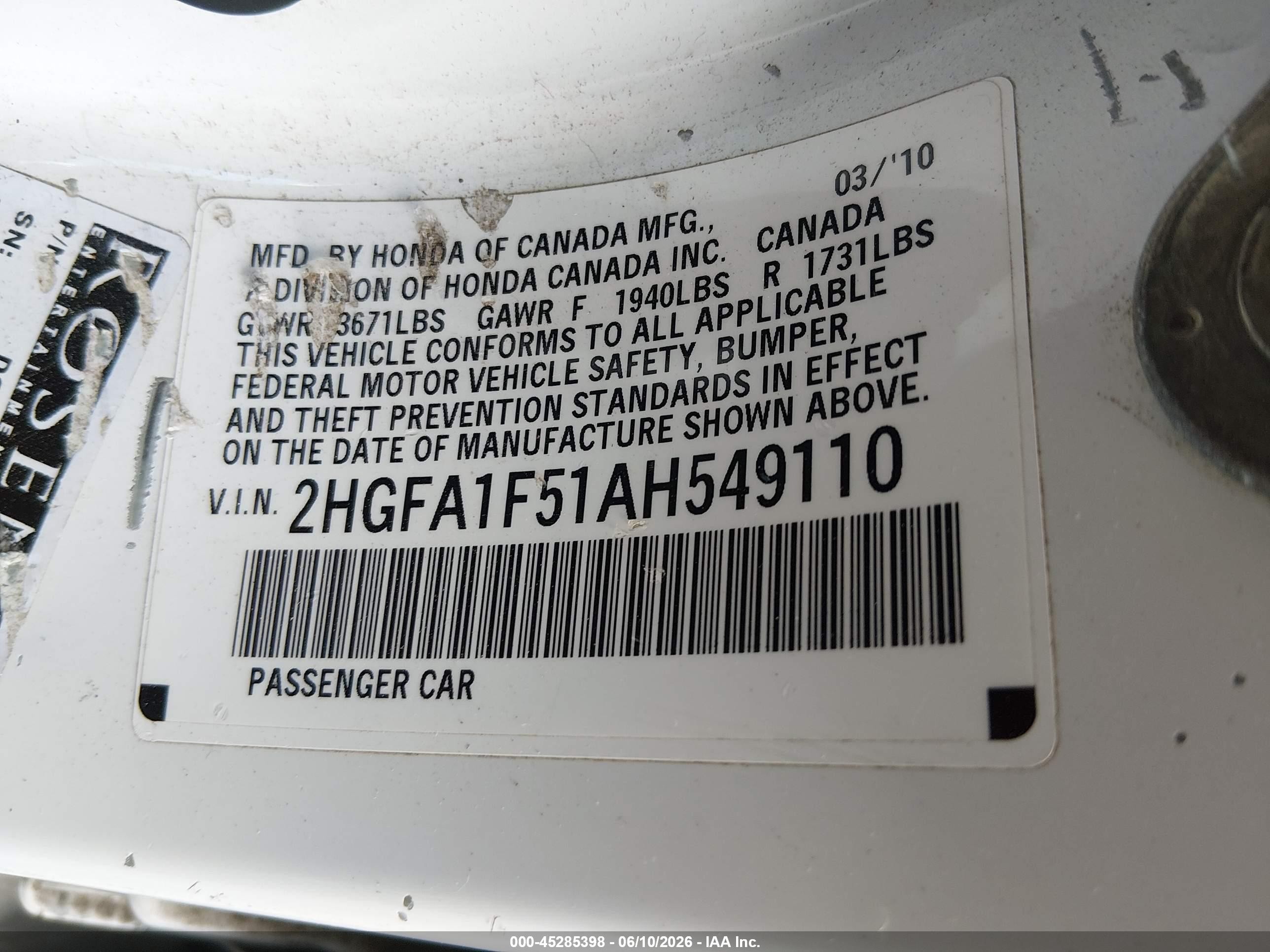 2010 Honda Civic Lx White vin: 2HGFA1F51AH549110