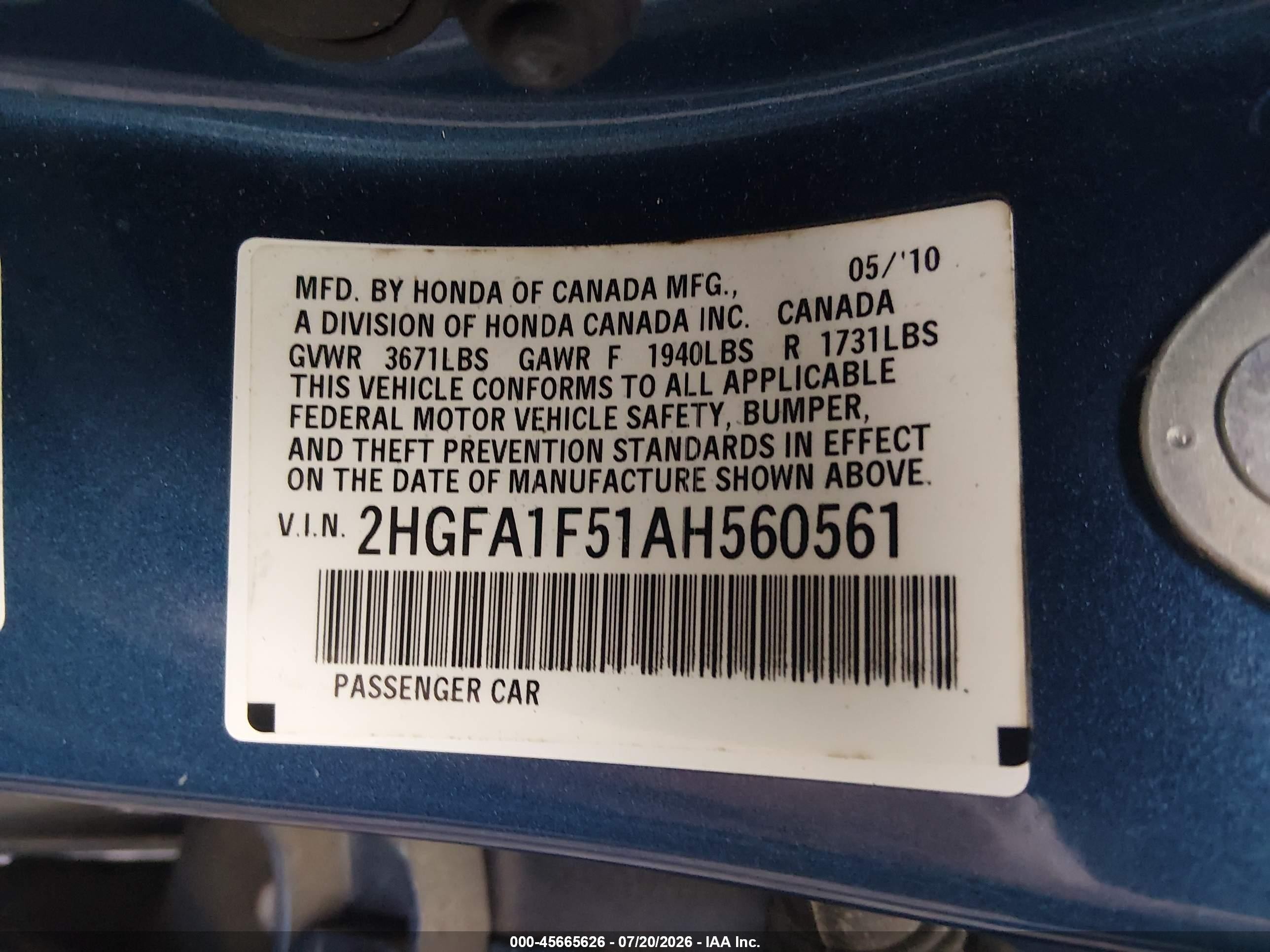 2010 Honda Civic Lx Blue vin: 2HGFA1F51AH560561