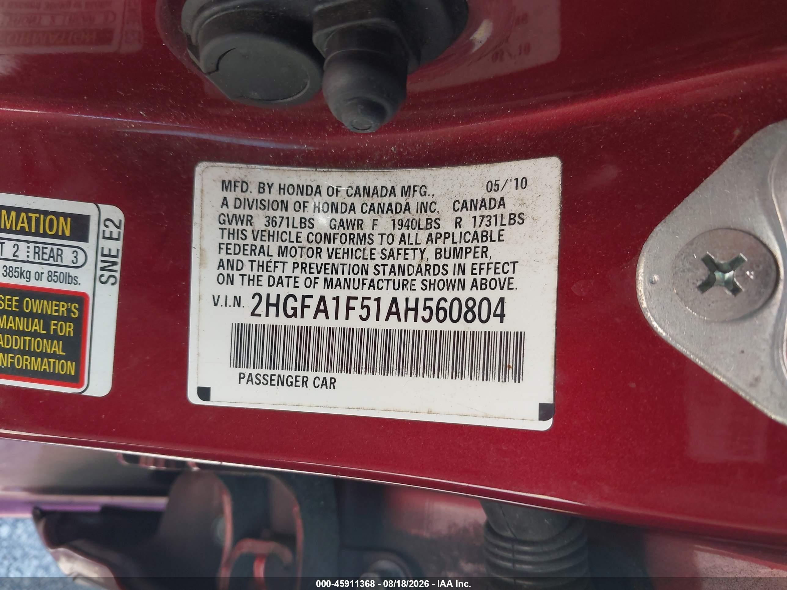 2010 Honda Civic Lx Красный vin: 2HGFA1F51AH560804