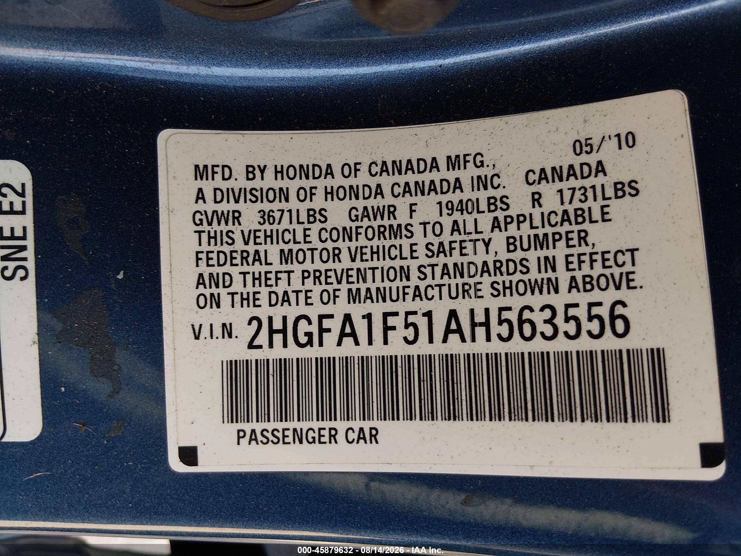 2010 Honda Civic Lx Blue vin: 2HGFA1F51AH563556