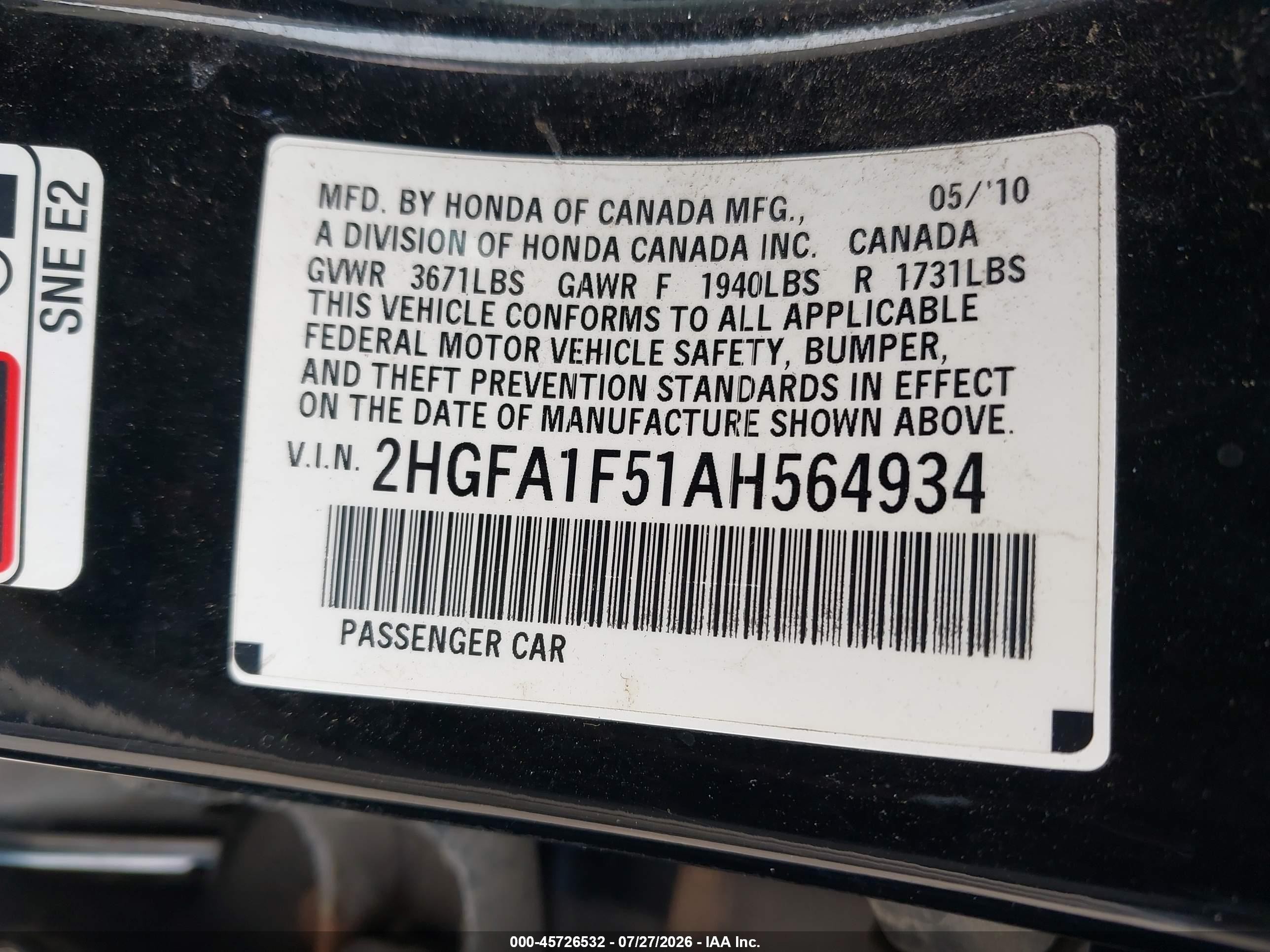 2010 Honda Civic Lx Black vin: 2HGFA1F51AH564934