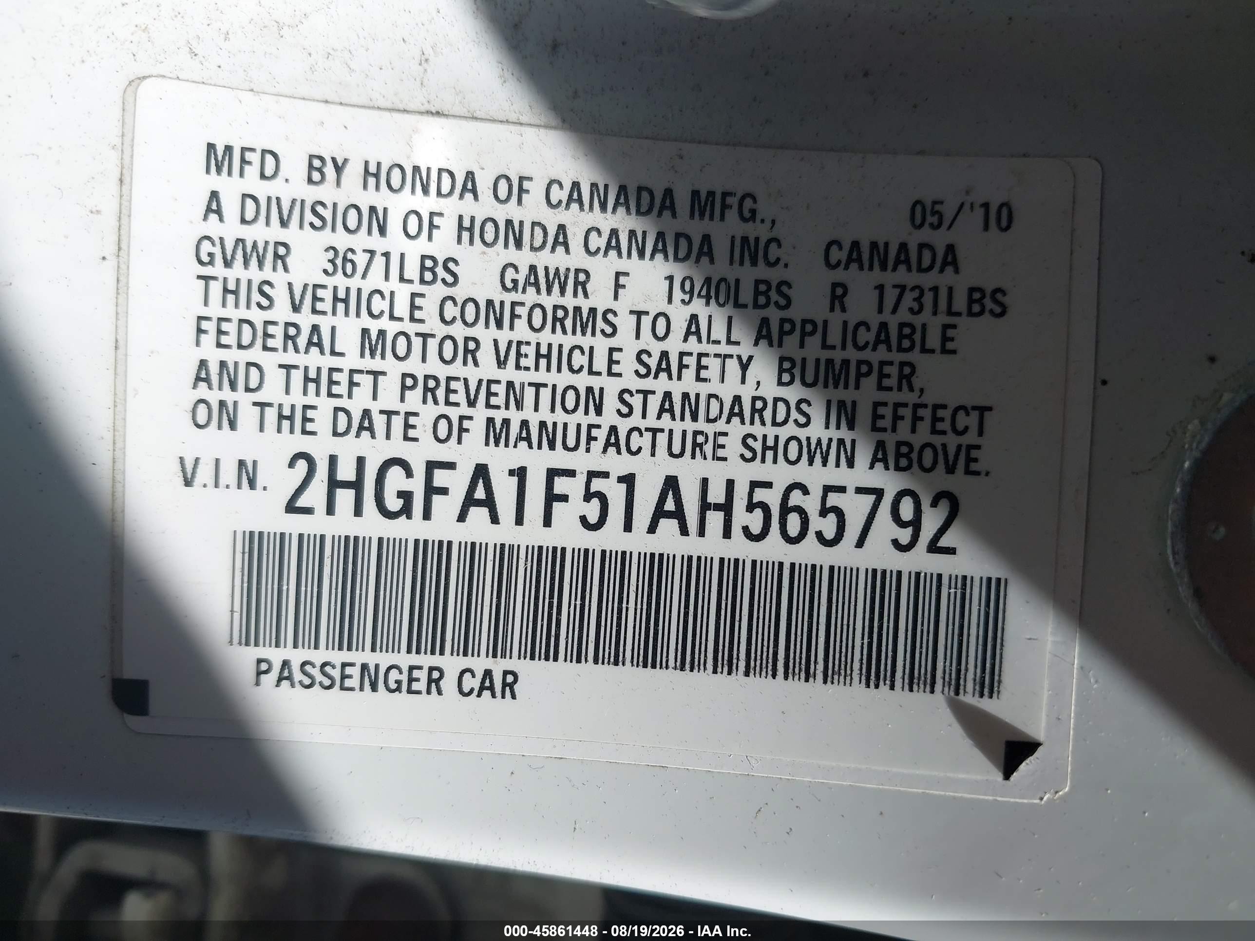 2010 Honda Civic Lx White vin: 2HGFA1F51AH565792