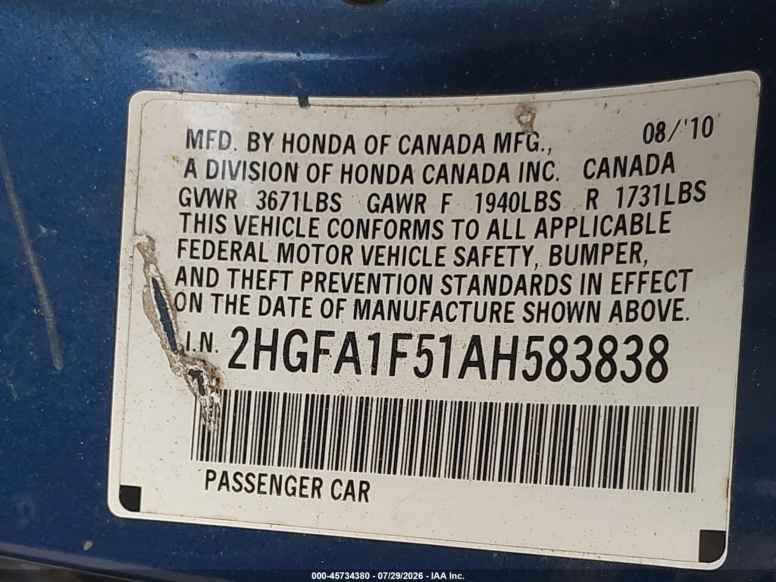 2010 Honda Civic Lx Blue vin: 2HGFA1F51AH583838