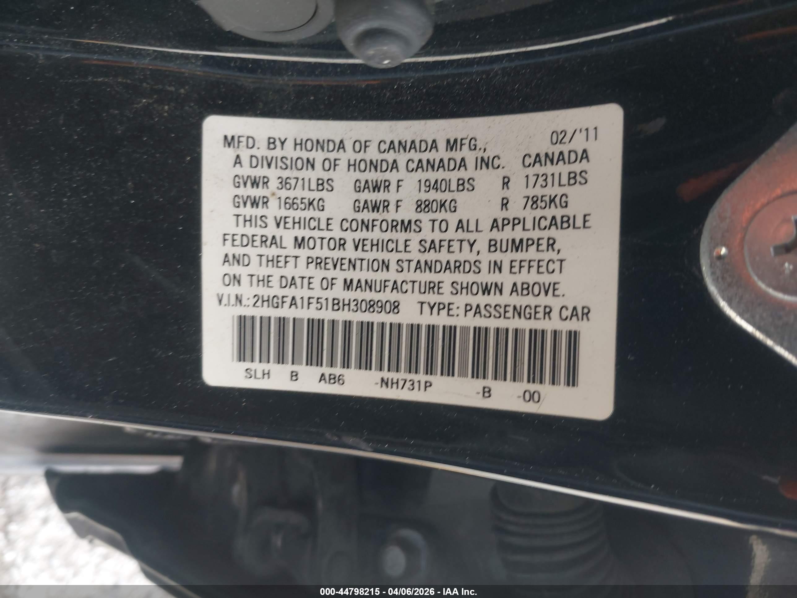 2011 Honda Civic Lx Черный vin: 2HGFA1F51BH308908